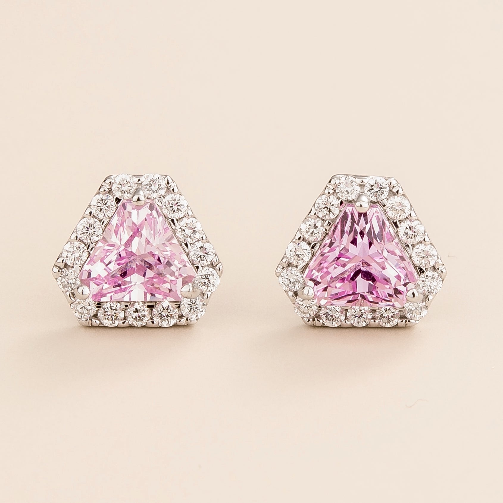 Diana Pastel Pink Sapphire Triangle Cut & Diamond Halo Stud Earrings in White Gold