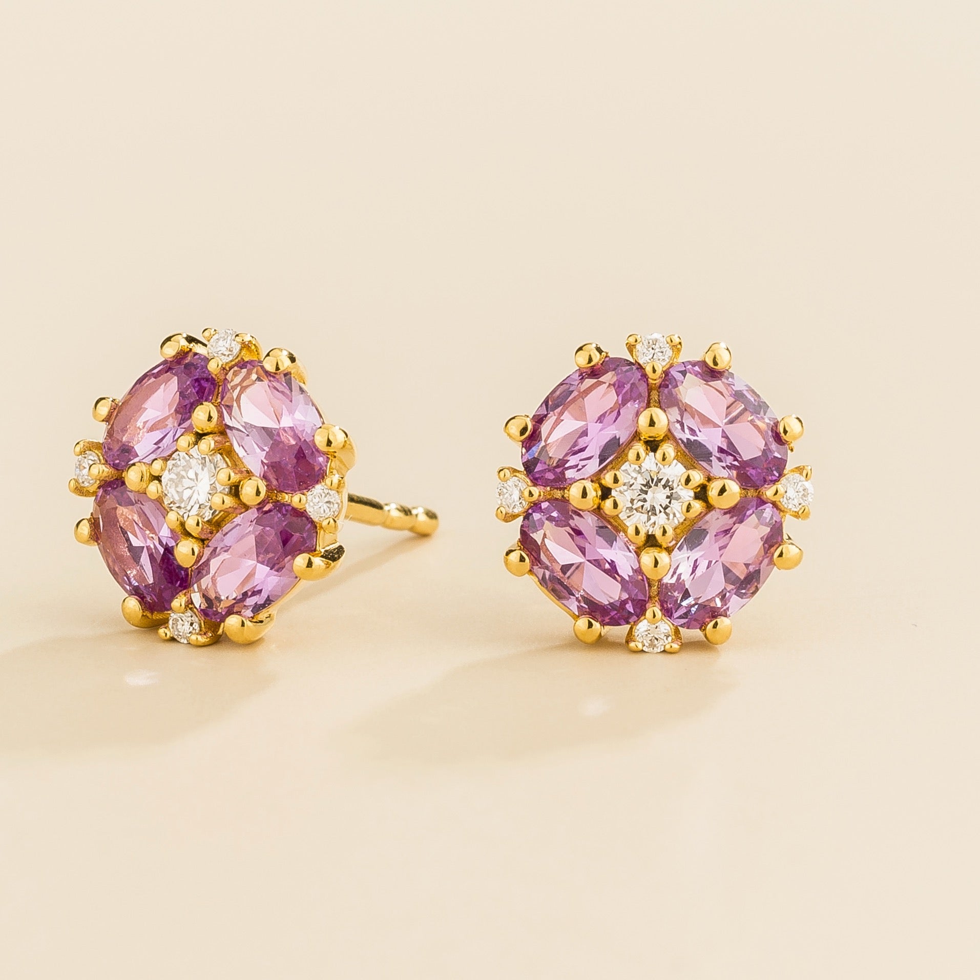 Pristi Oval Purple Sapphire & Diamond Cluster Earrings in Gold