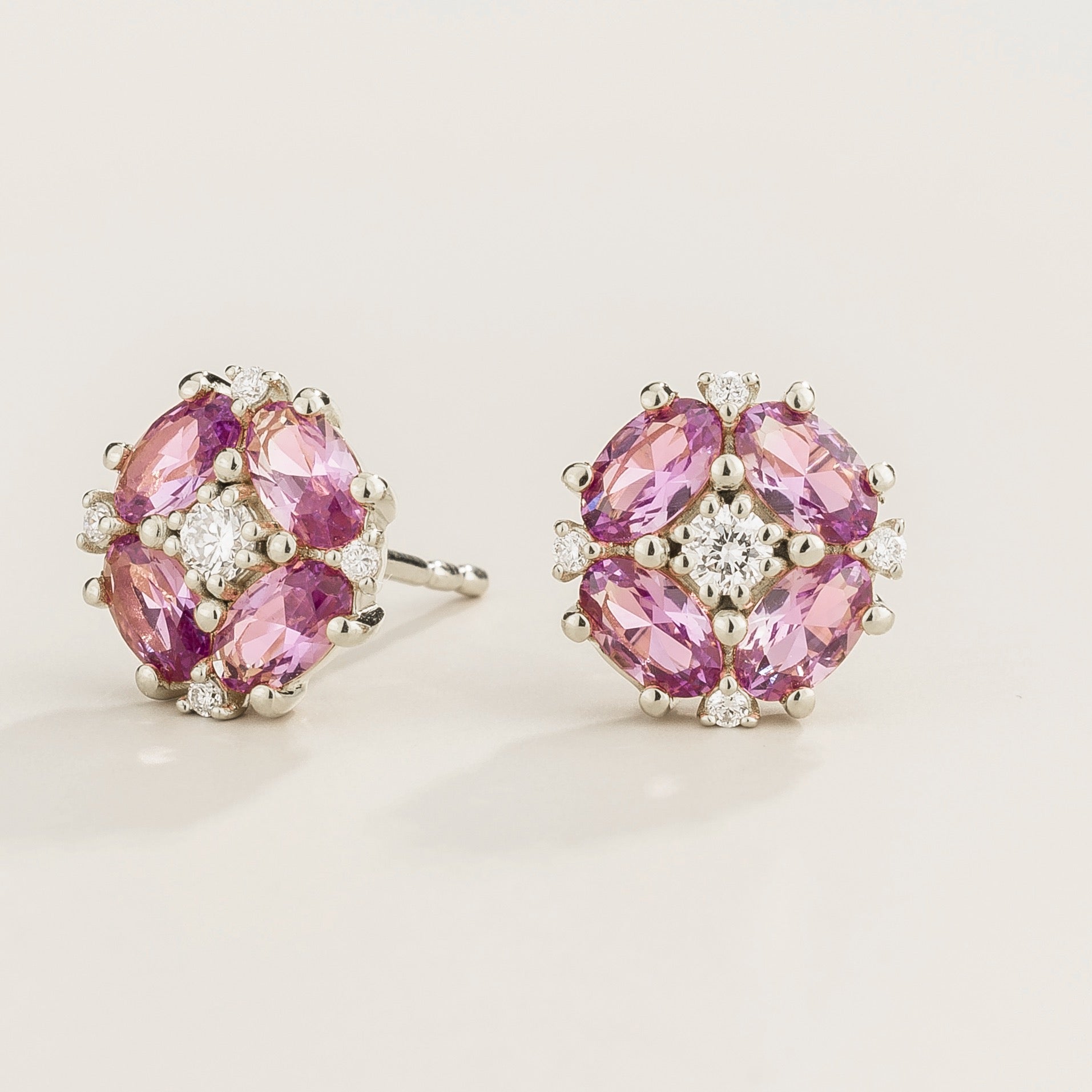 Pristi Oval Purple Sapphire & Diamond Cluster Earrings in White Gold