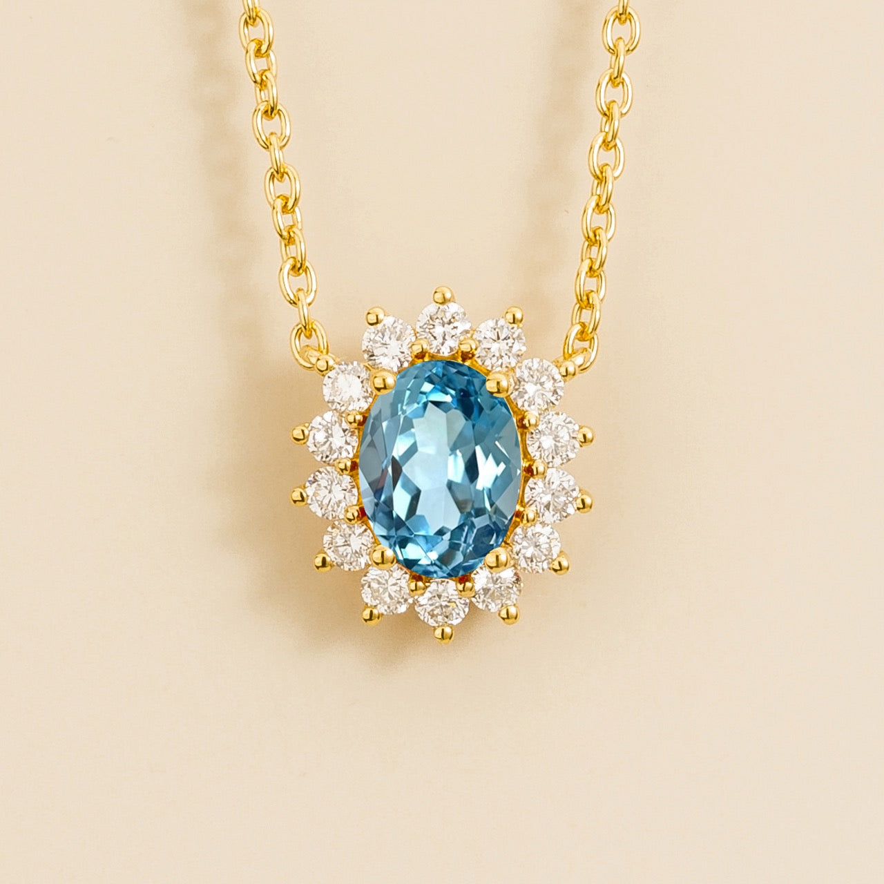 Divo Oval Aquamarine & Diamond Halo Gold Necklace