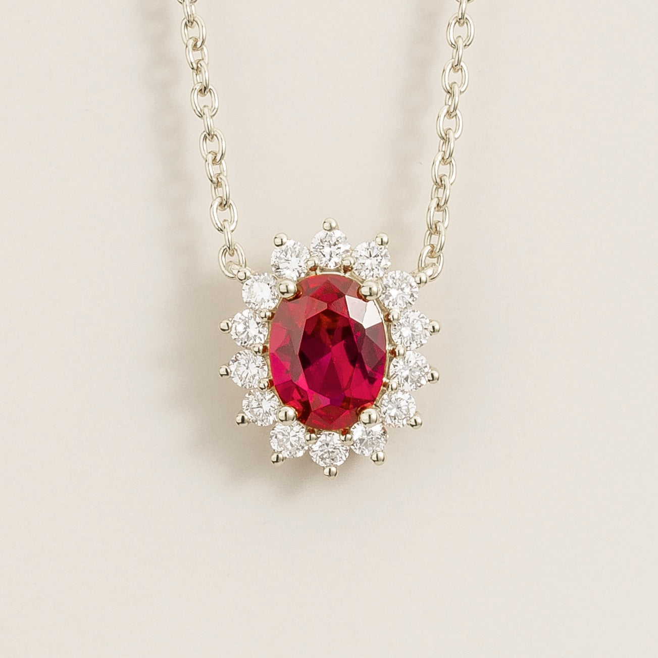 Divo Oval Ruby & Diamond Halo White Gold Necklace
