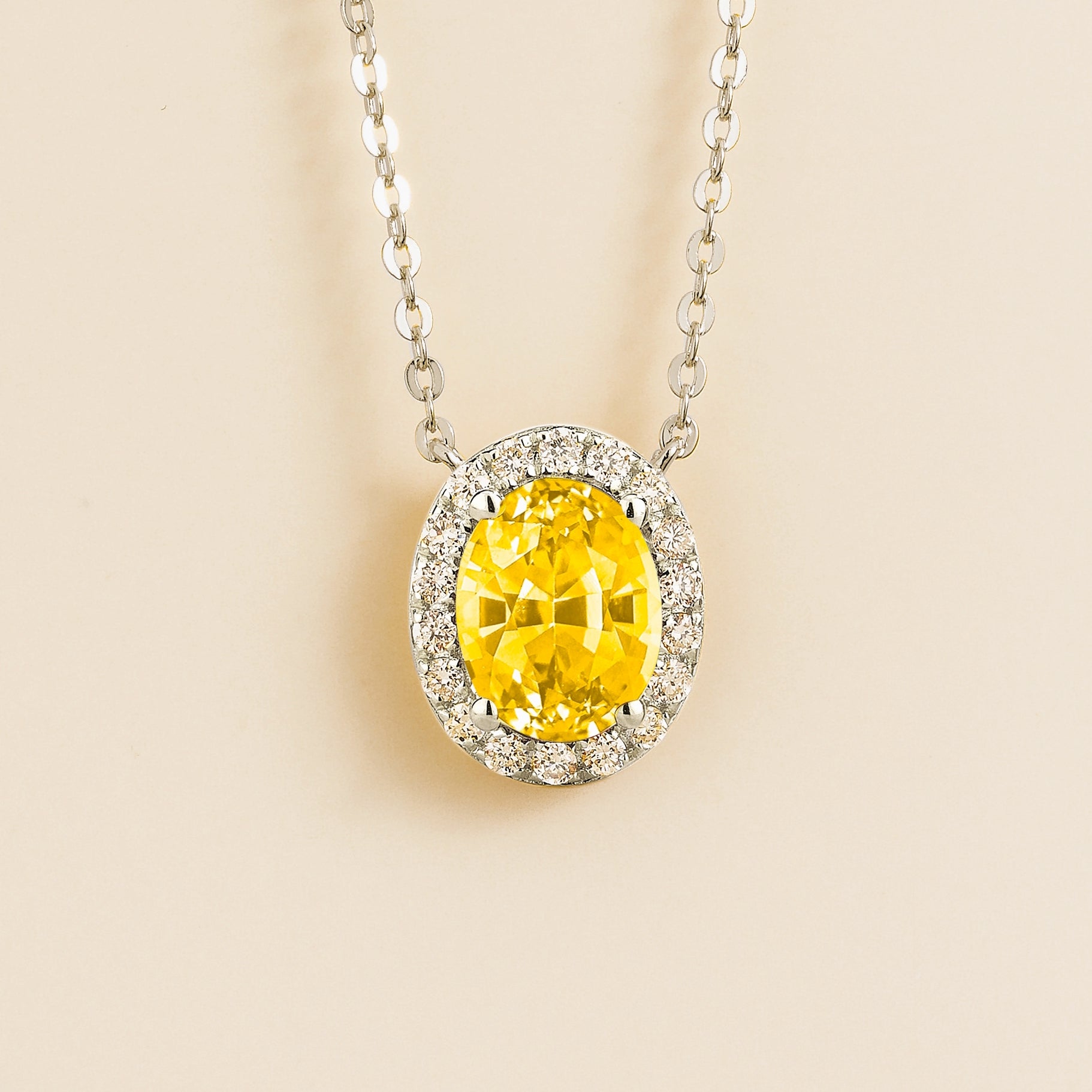 Mina Oval Yellow Sapphire & Diamond Halo Necklace In White Gold