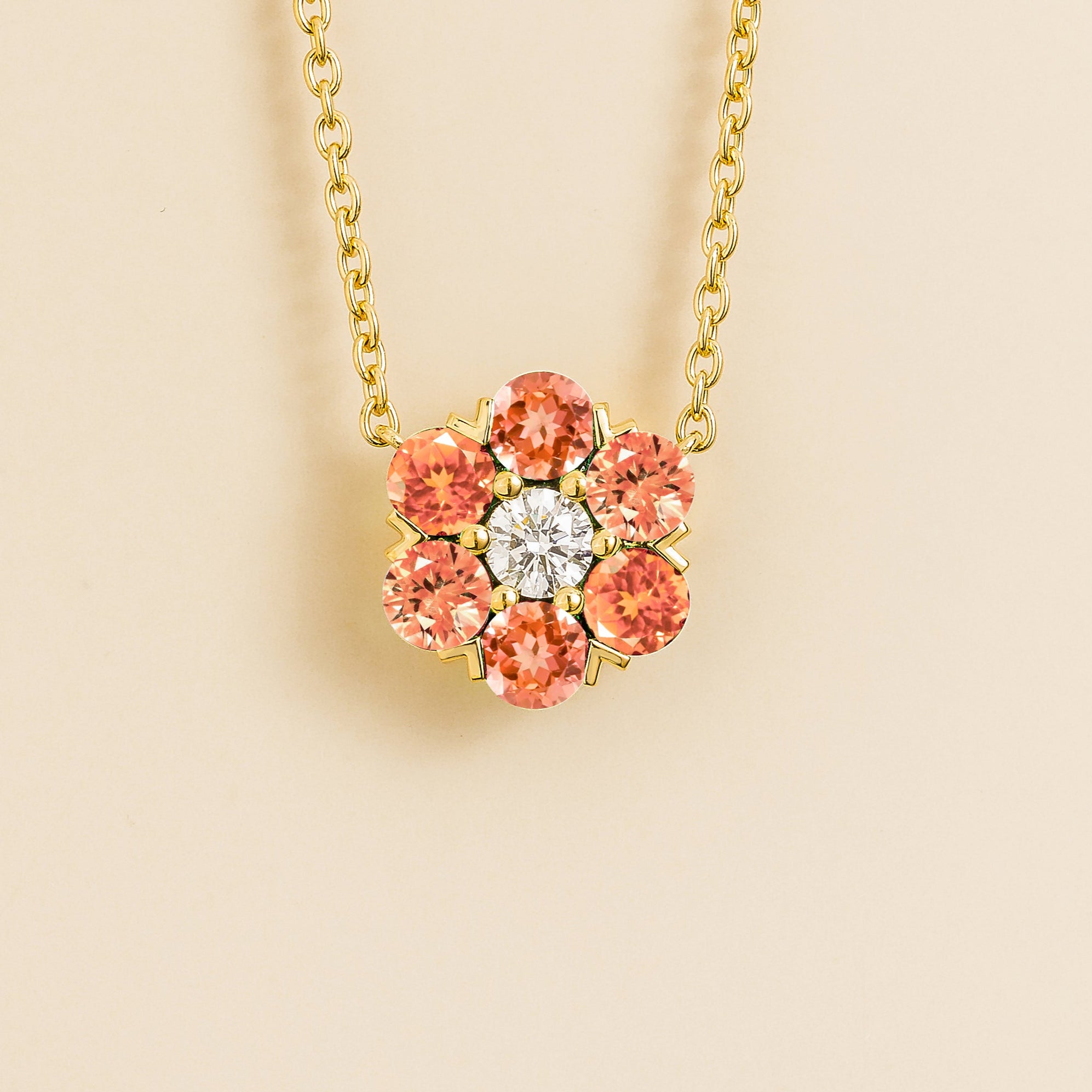 Necklace in diamond and Padparadscha sapphire set in gold.