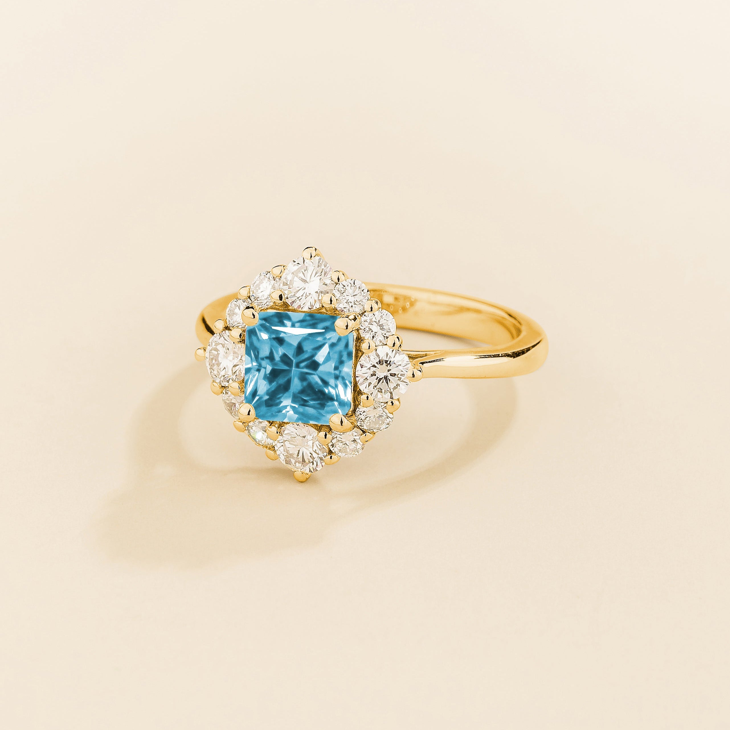 Tuli Aquamarine Cushion Cut & Diamond Halo Ring in Gold