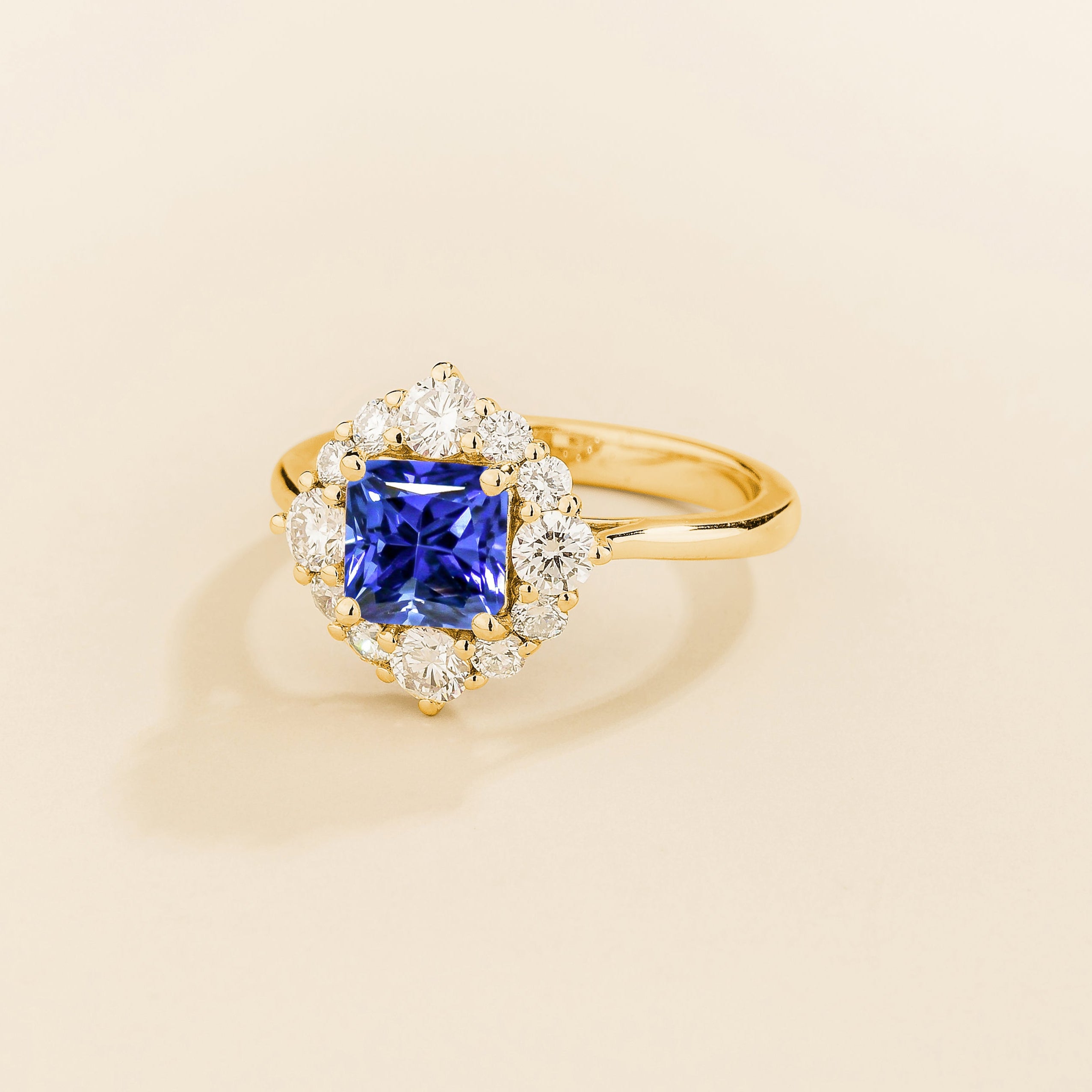 Tuli Blue Sapphire Cushion Cut & Diamond Halo Ring in Gold