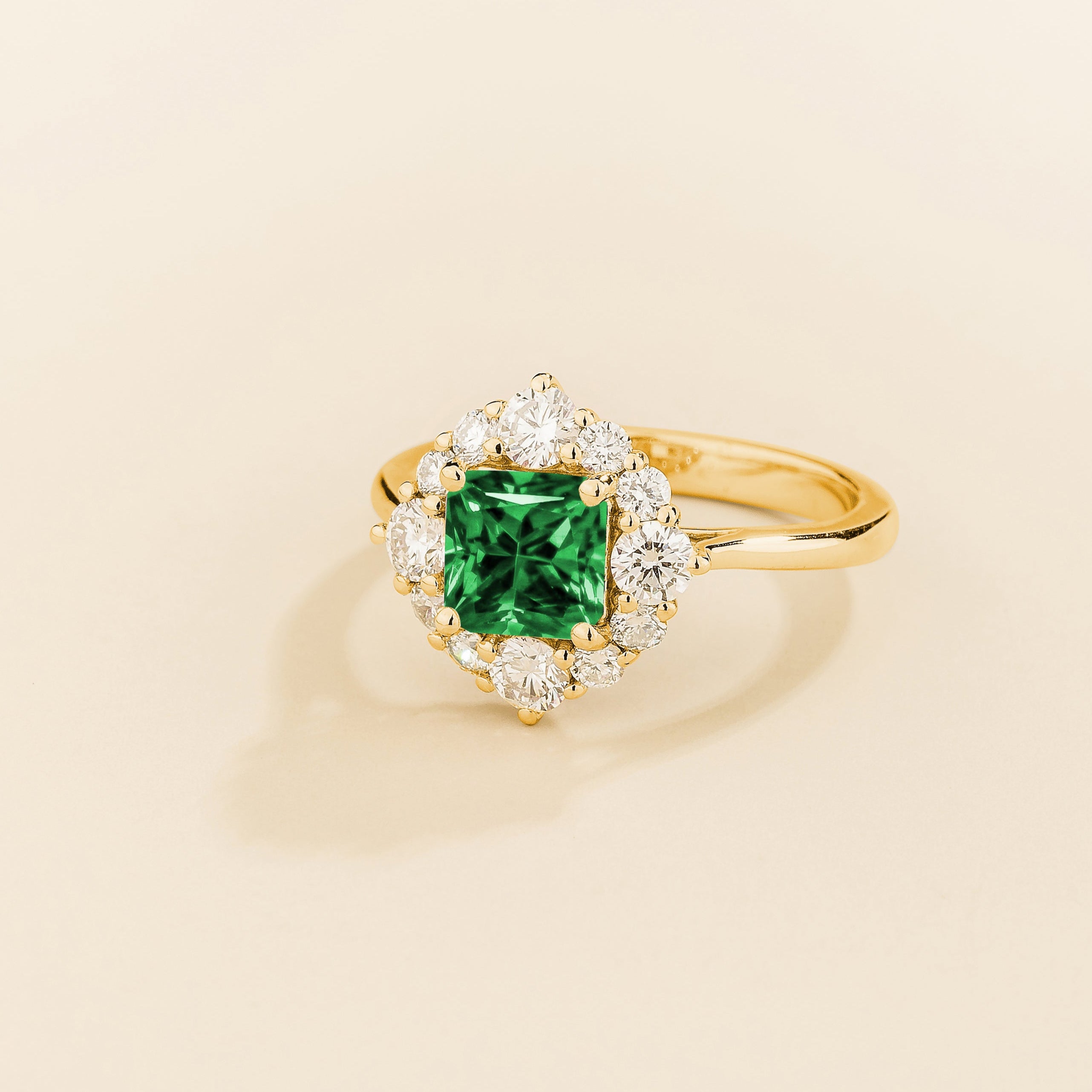 Tuli Emerald Cushion Cut & Diamond Halo Ring in Gold