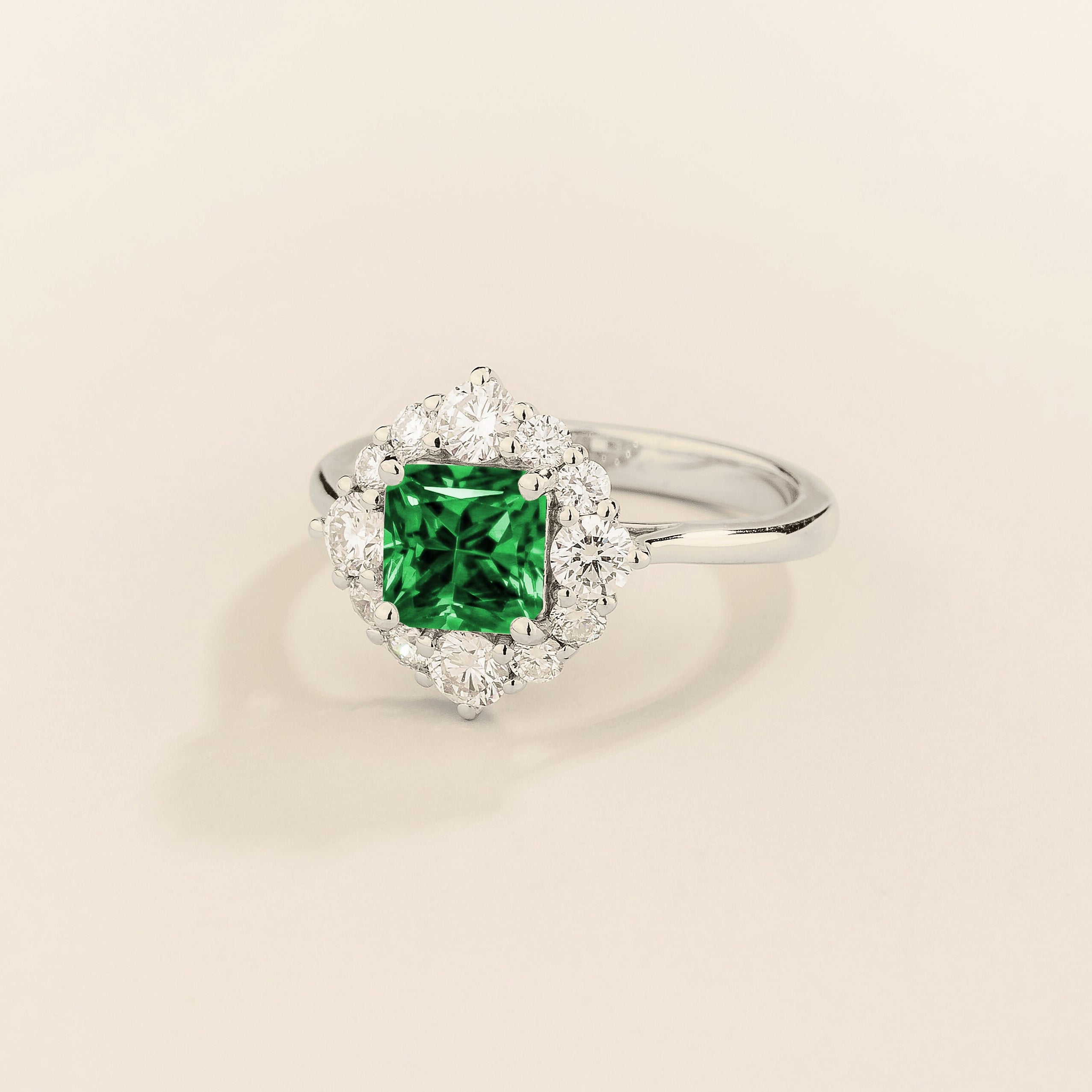 Tuli Emerald Cushion Cut & Diamond Halo Ring in White Gold