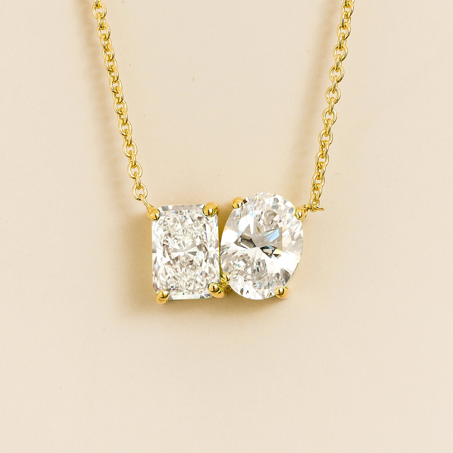 Buchon Diamond Two-Stone Emerald-Cut & Oval Pendant Gold Necklace