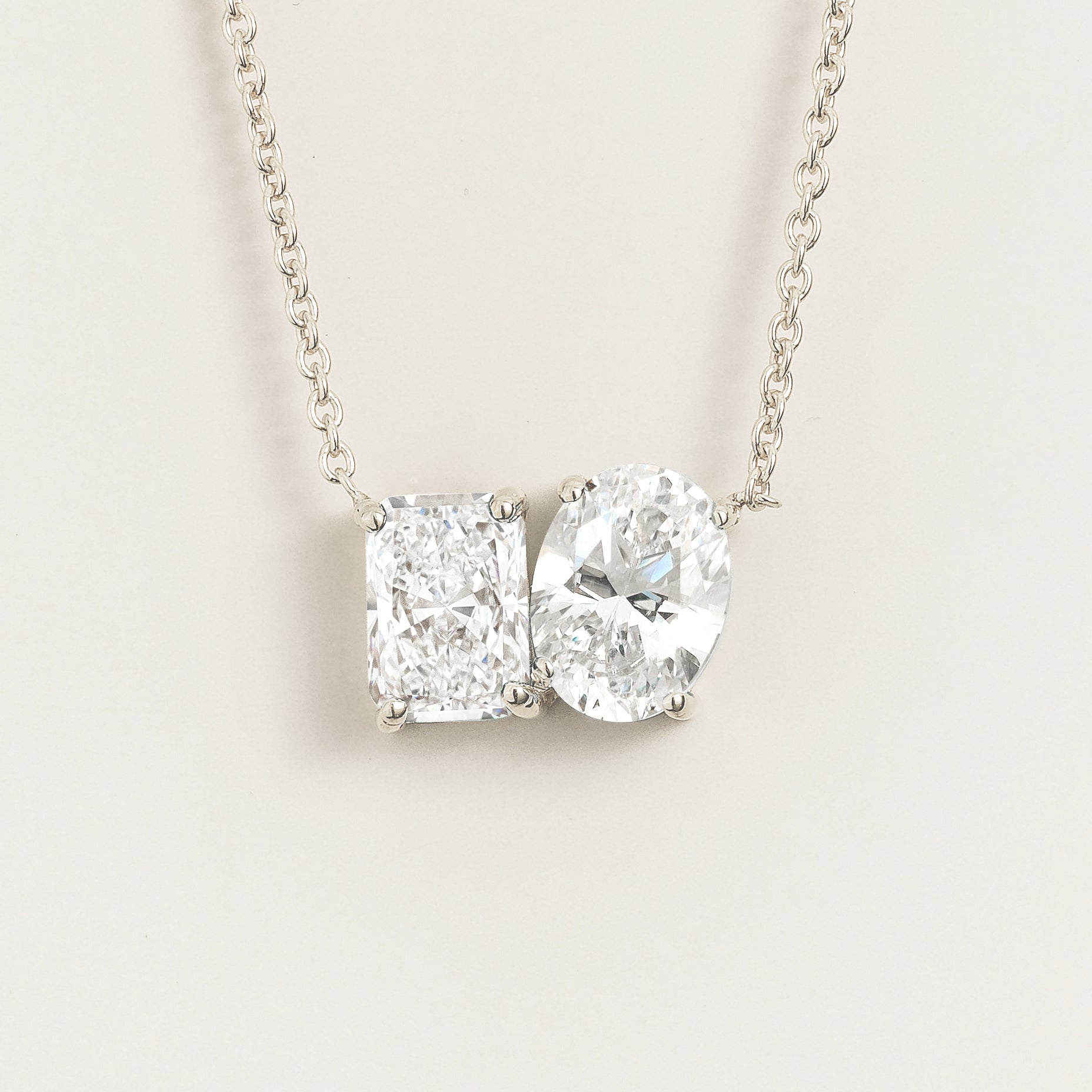 Buchon Diamond Two-Stone Emerald-Cut & Oval Pendant White Gold Necklace