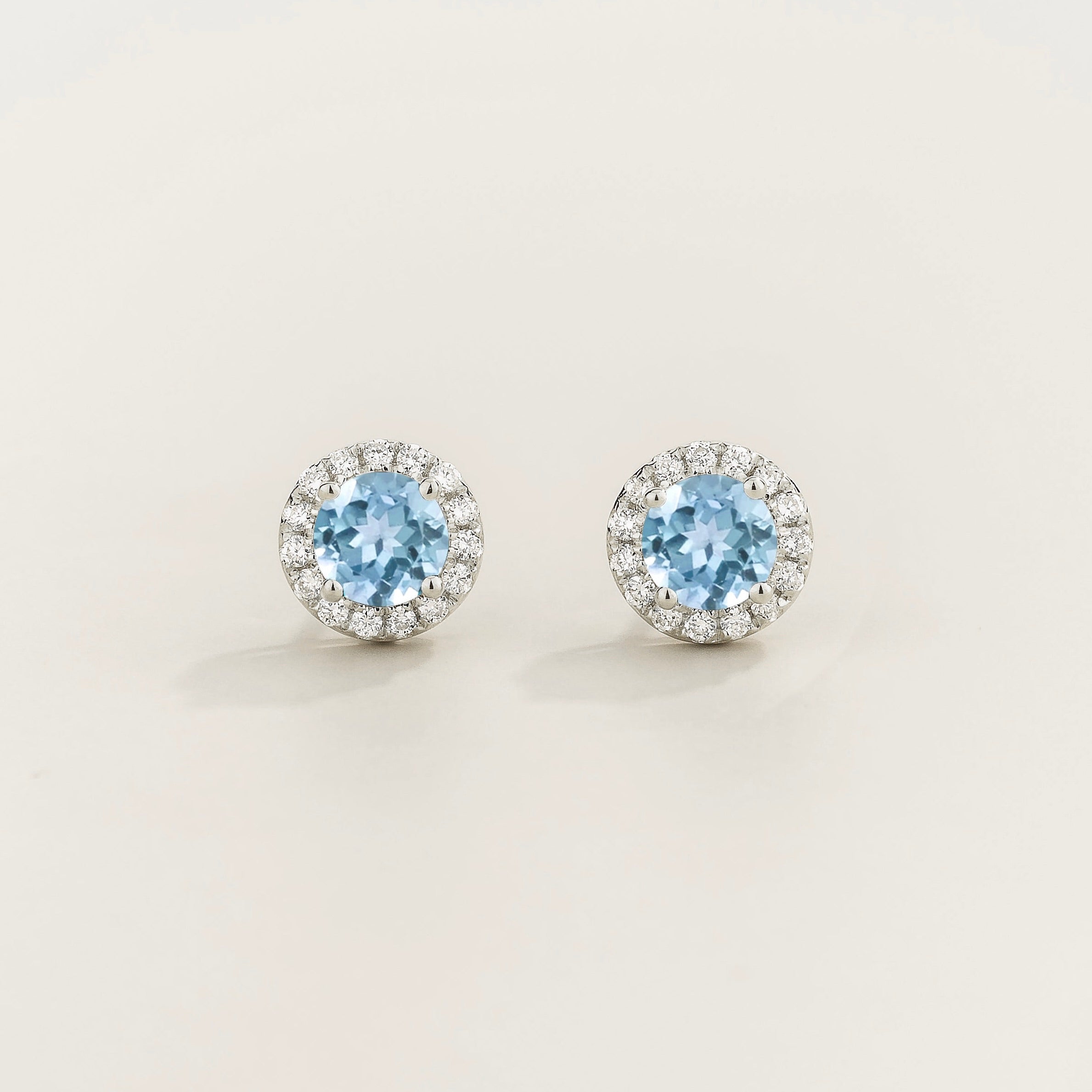 Mars Aquamarine Round & Diamond Halo Earrings In White Gold