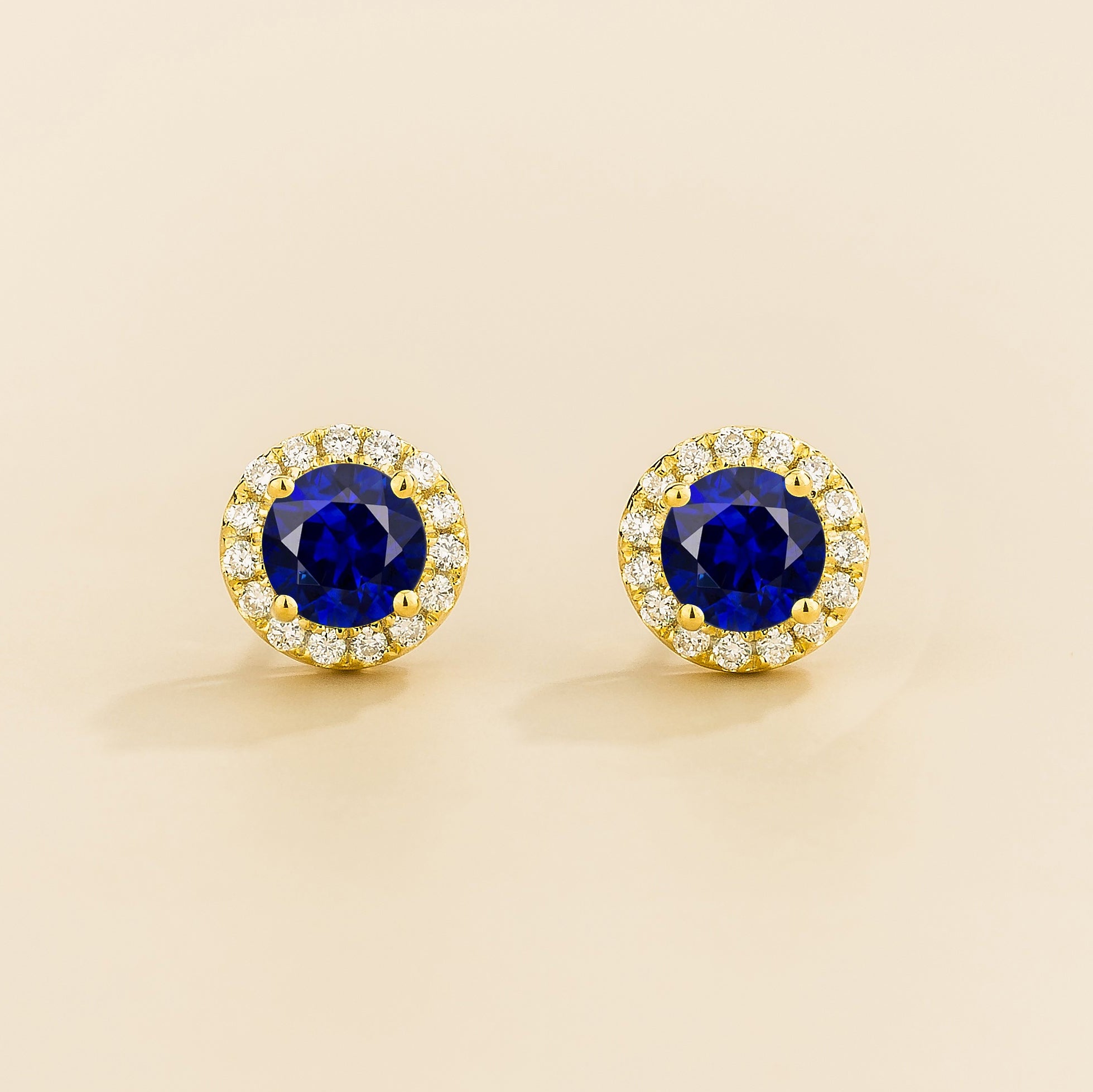 Mars Blue Sapphire Round & Diamond Halo Earrings In Gold