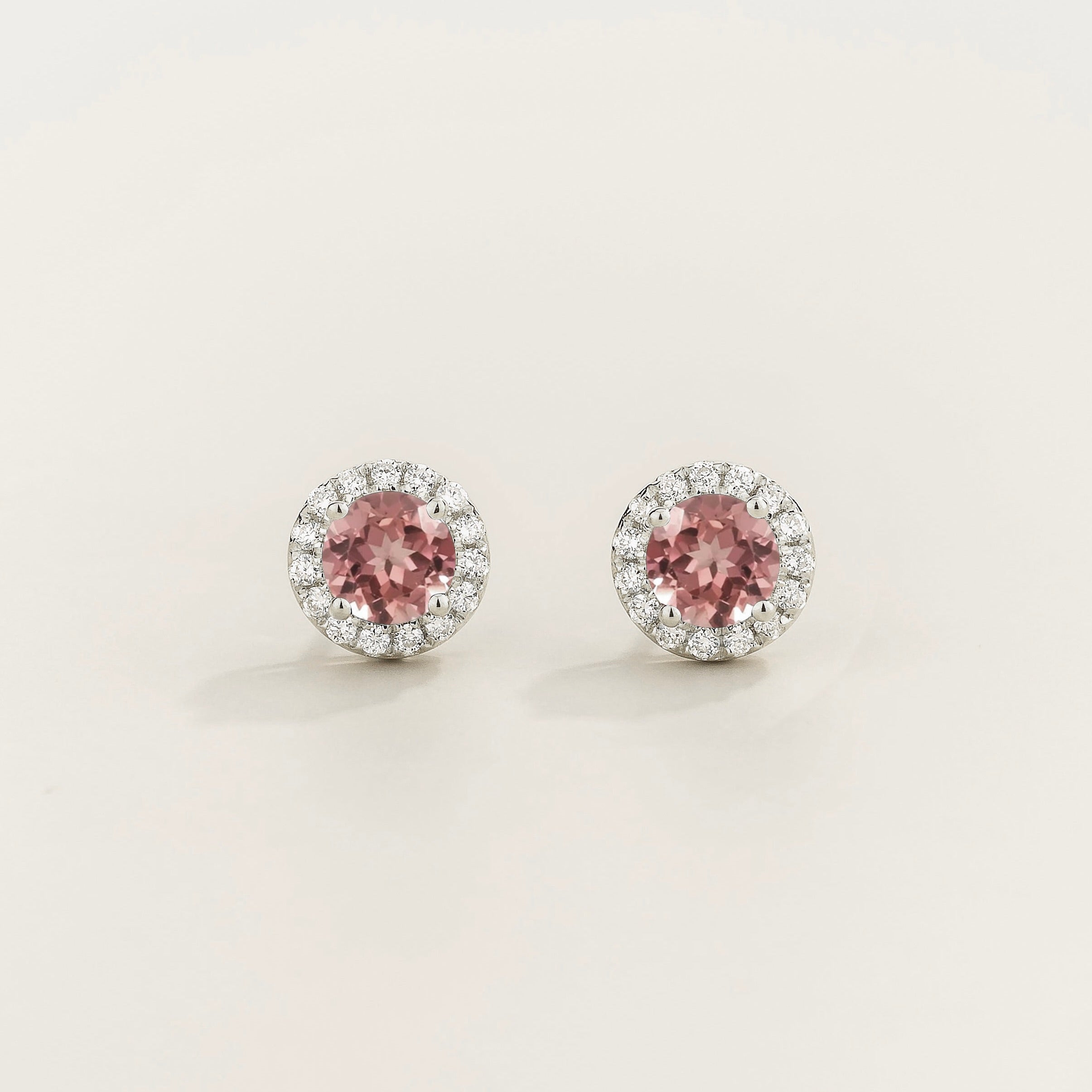 Mars Morganite Round & Diamond Halo Earrings In White Gold
