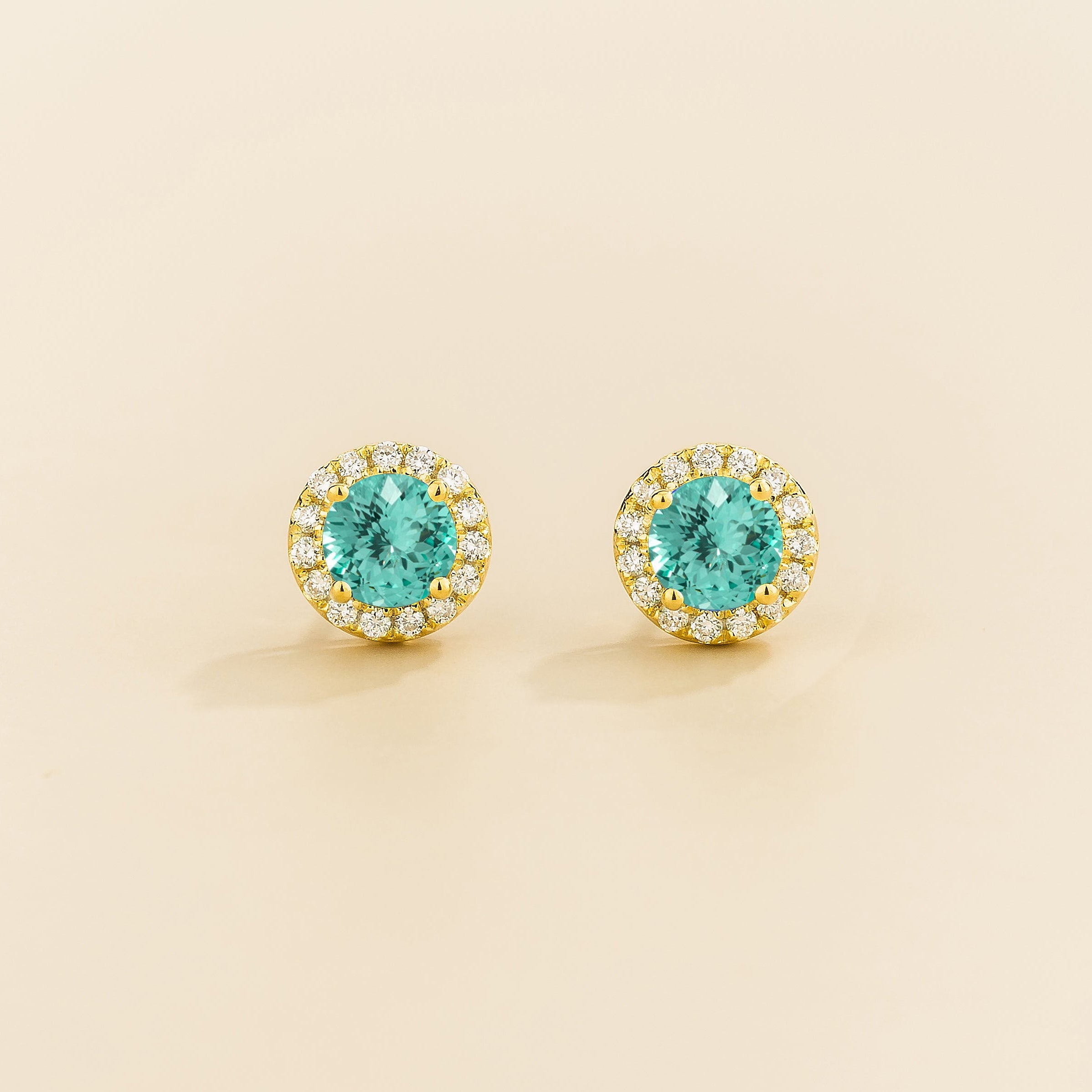 Mars Paraiba Round & Diamond Halo Earrings In Gold