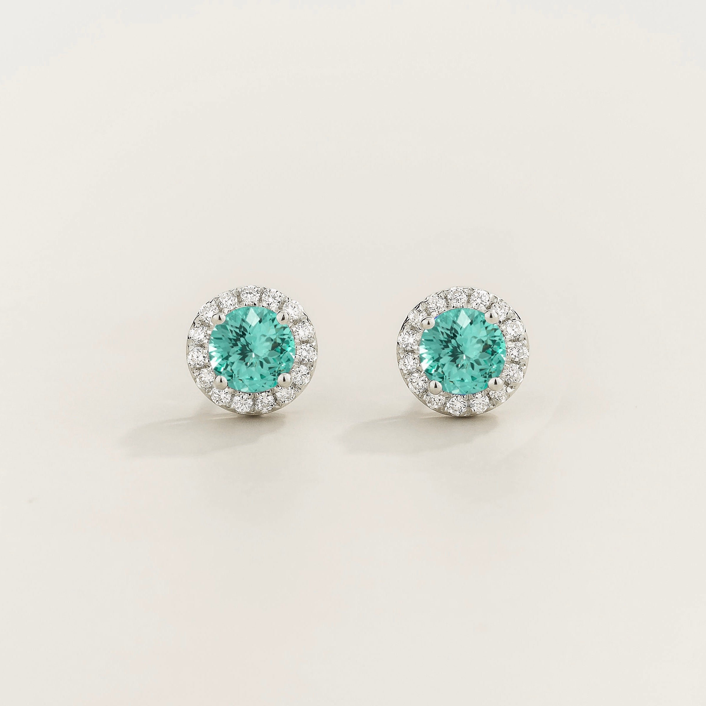 Mars Paraiba Round & Diamond Halo Earrings In White Gold