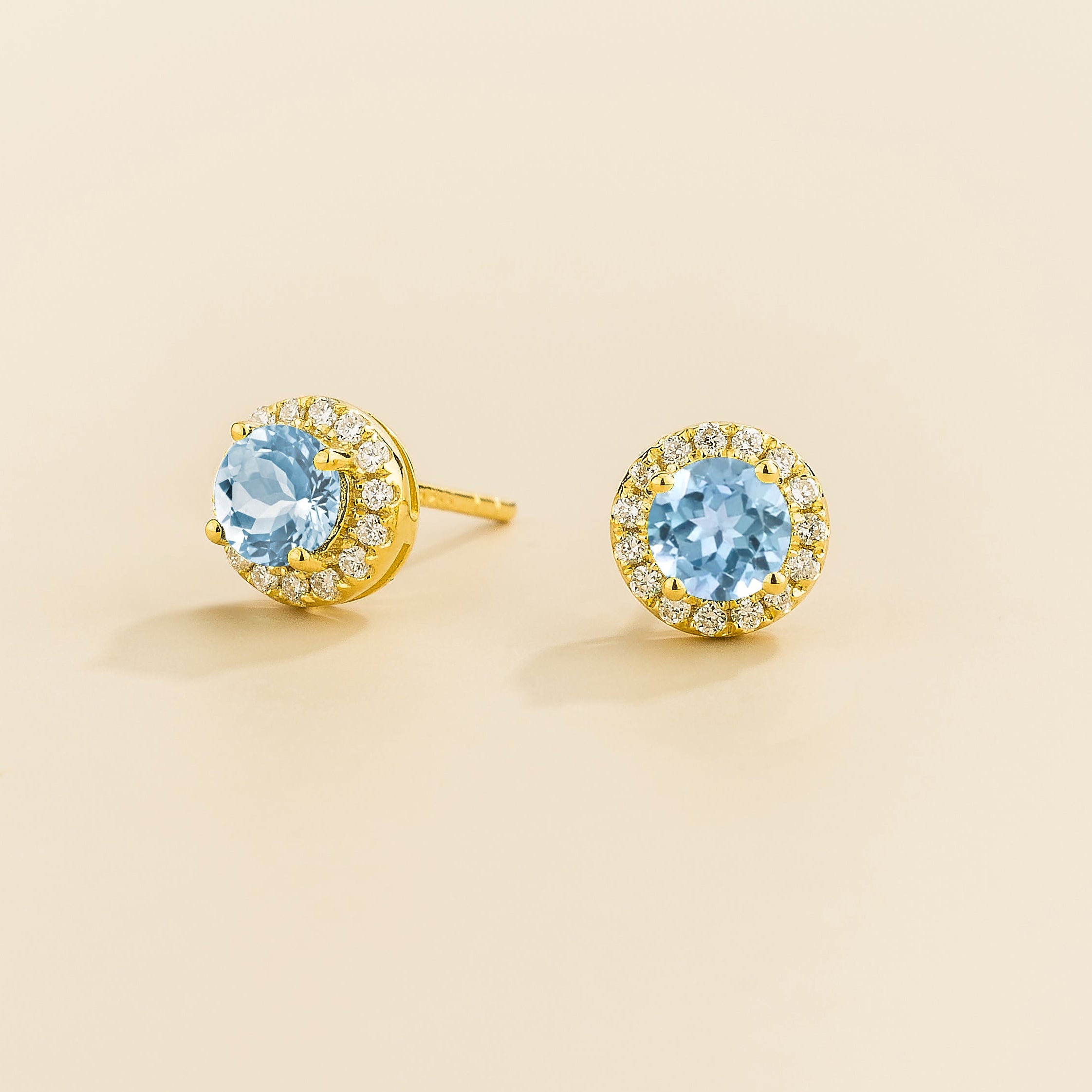 Mars Aquamarine Round & Diamond Halo Earrings In Gold