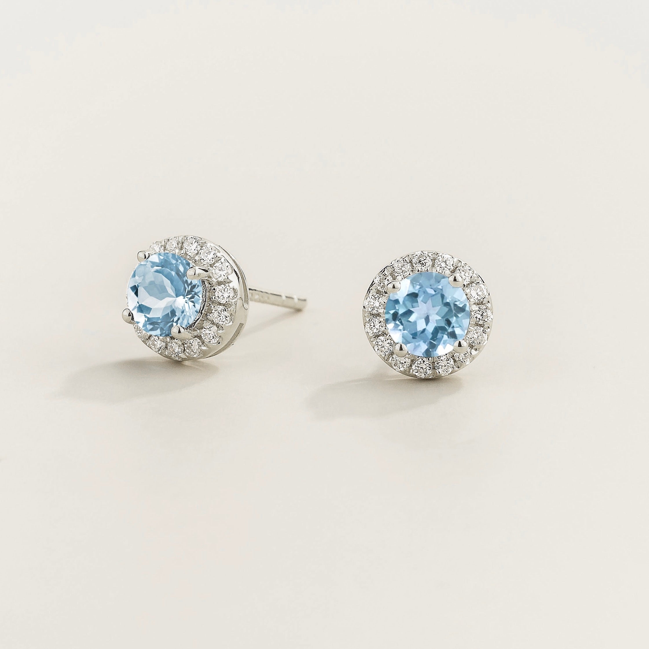 Mars Aquamarine Round & Diamond Halo Earrings In White Gold