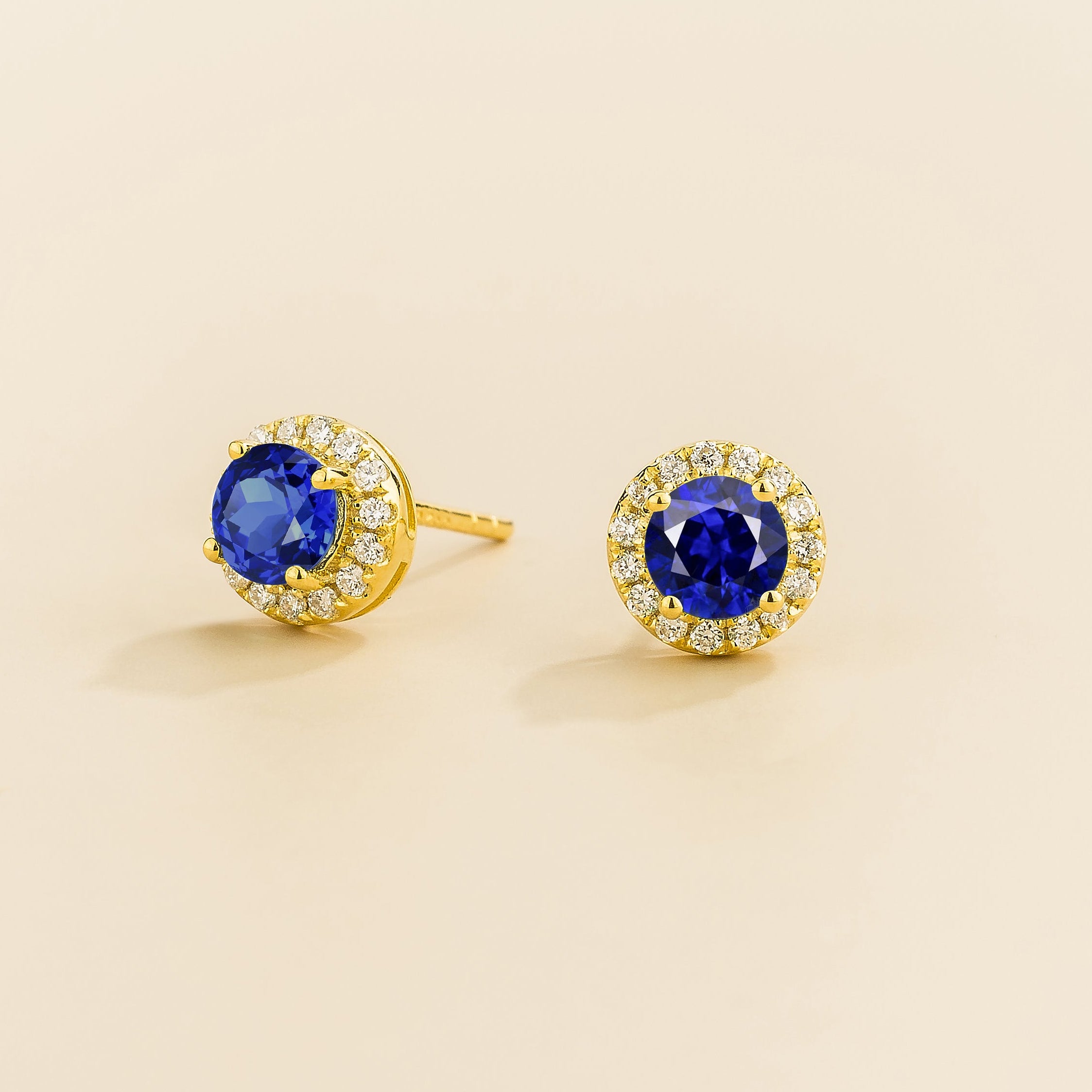 Mars Blue Sapphire Round & Diamond Halo Earrings In Gold