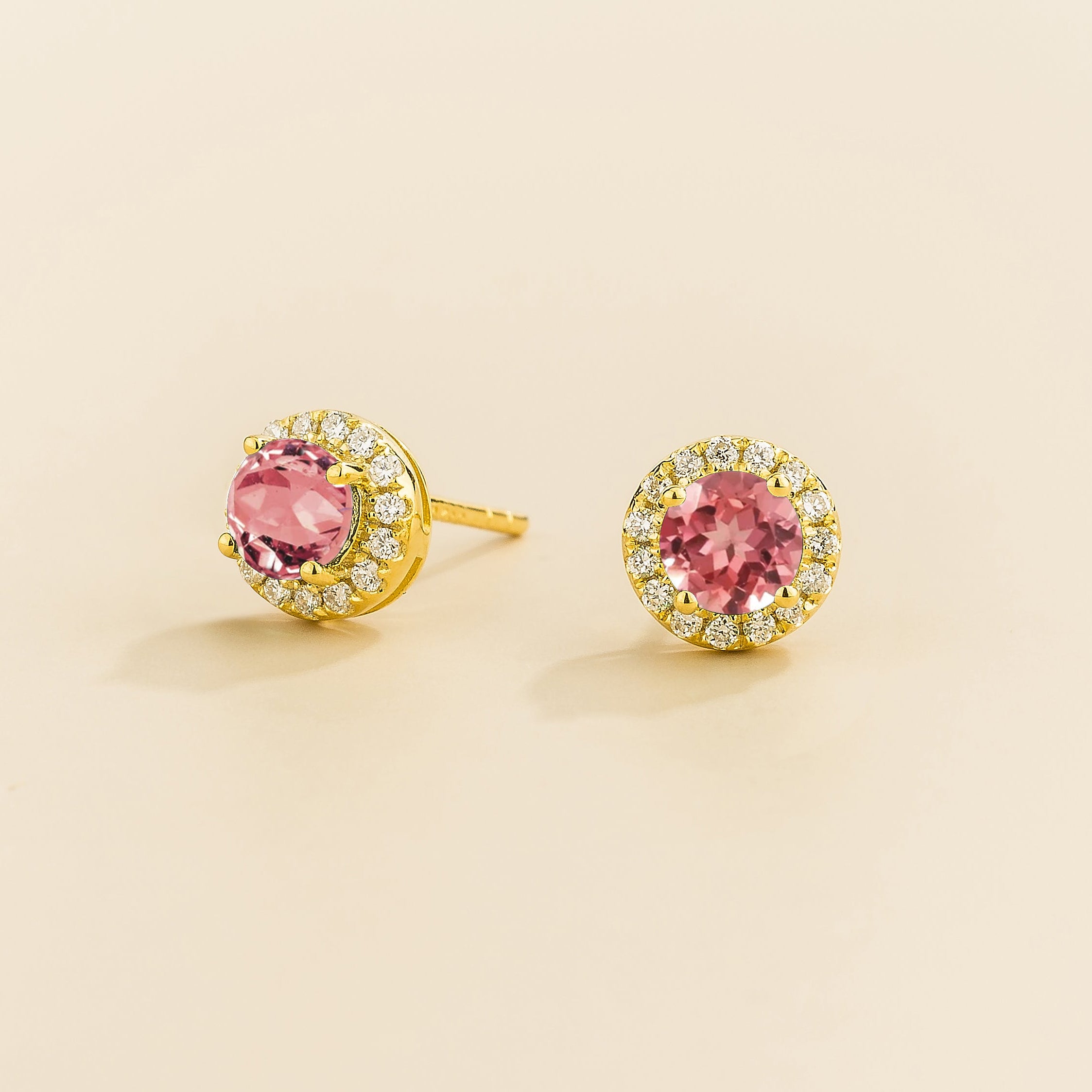Mars Padparadscha Sapphire Round & Diamond Halo Earrings In Gold