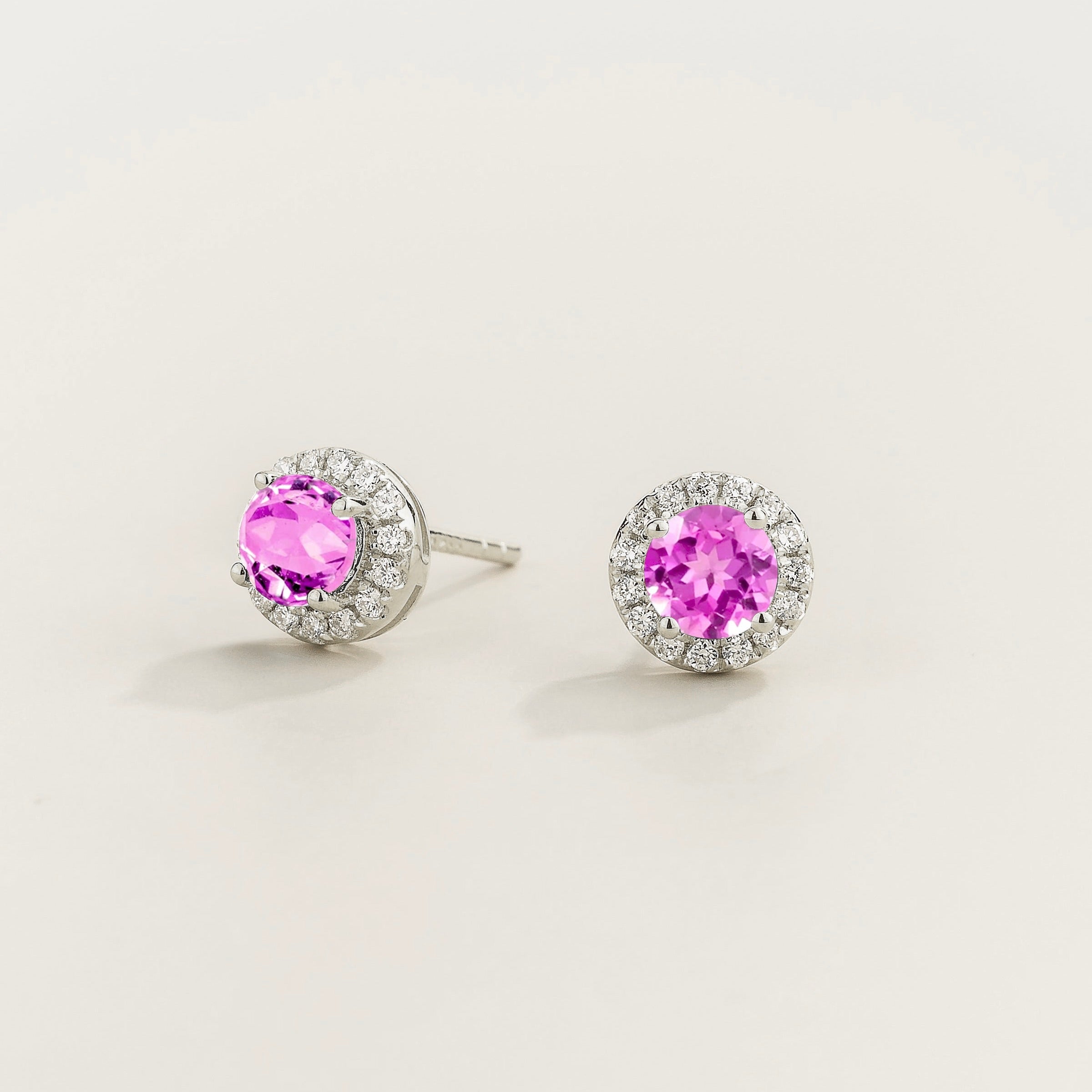 Mars Pink Sapphire Round & Diamond Halo Earrings In White Gold