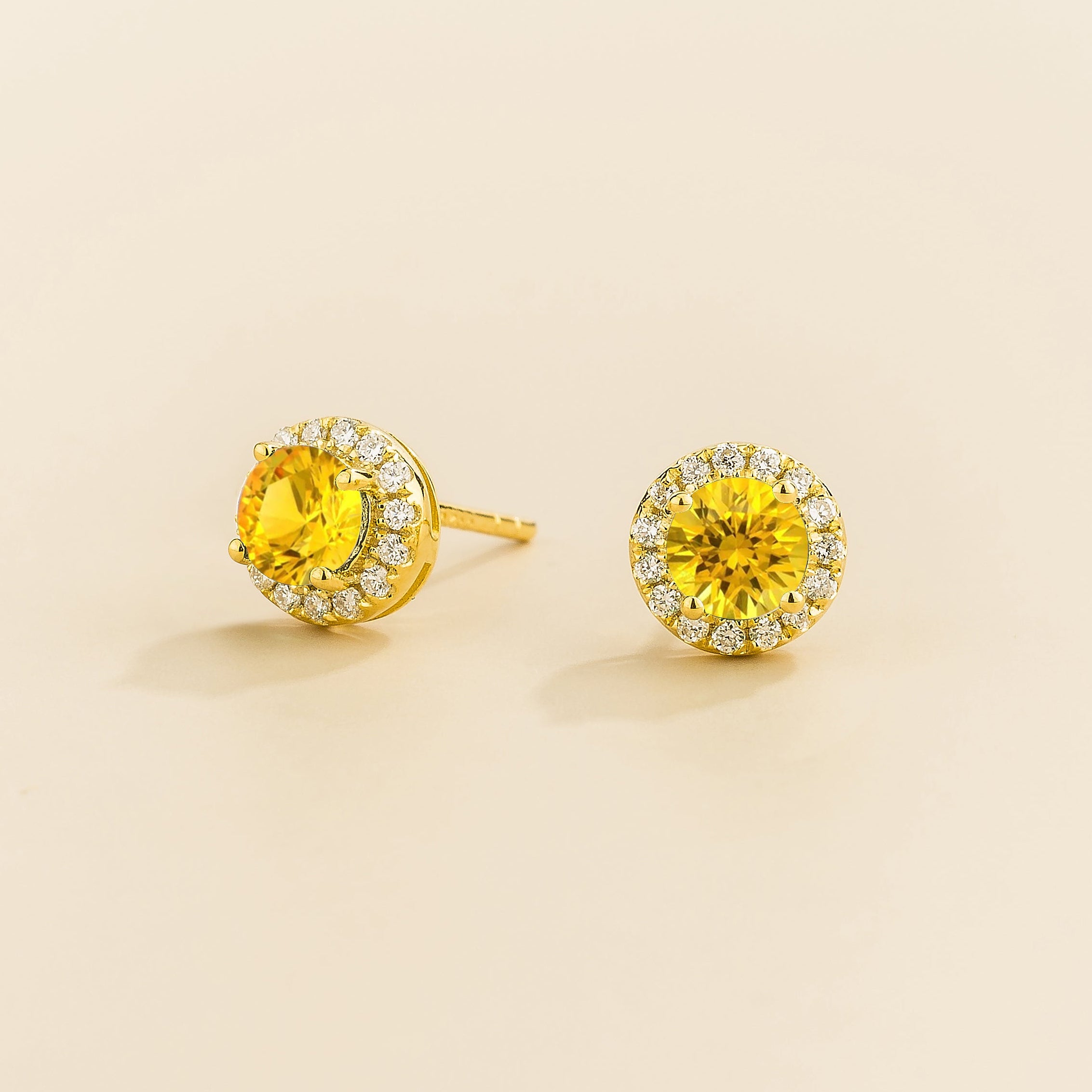 Mars Yellow Sapphire Round & Diamond Halo Earrings In Gold