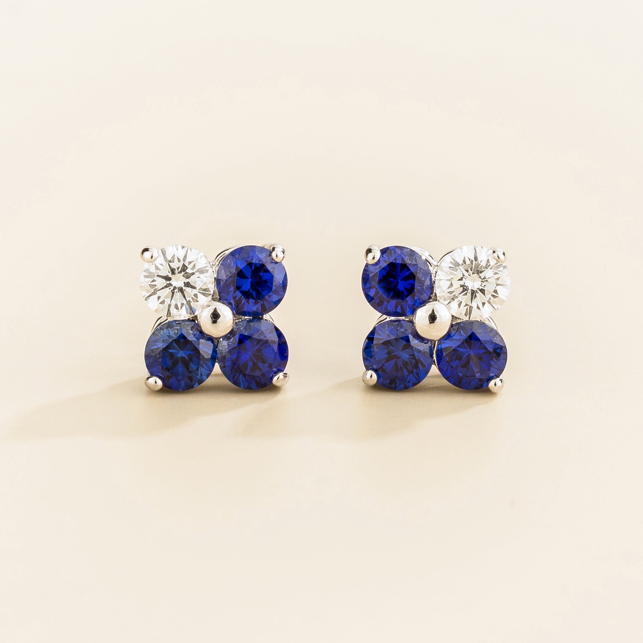 Pair of 4 gemstones blue sapphire and diamond earrings in white gold
