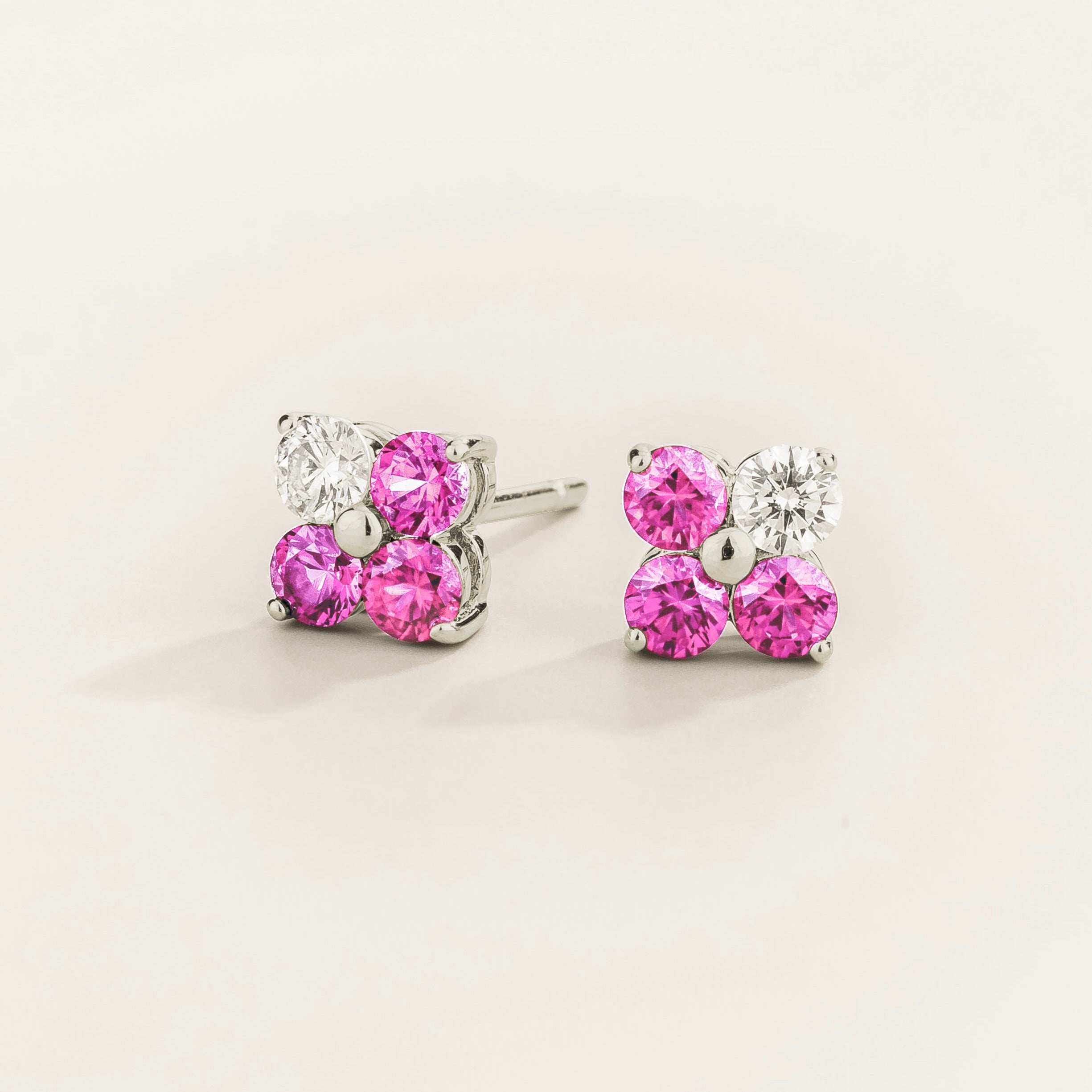 Clover Pink Sapphire & Diamond Earrings In White Gold