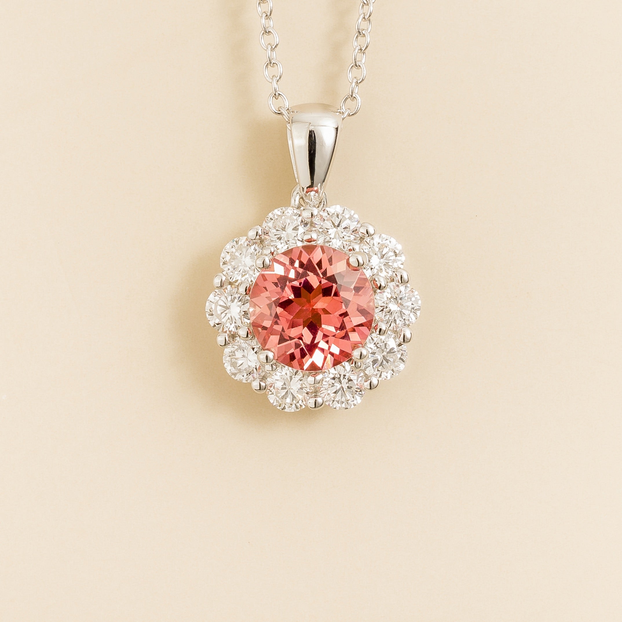Floret Padparadscha Sapphire Round & Diamond Halo Pendant Necklace in White Gold