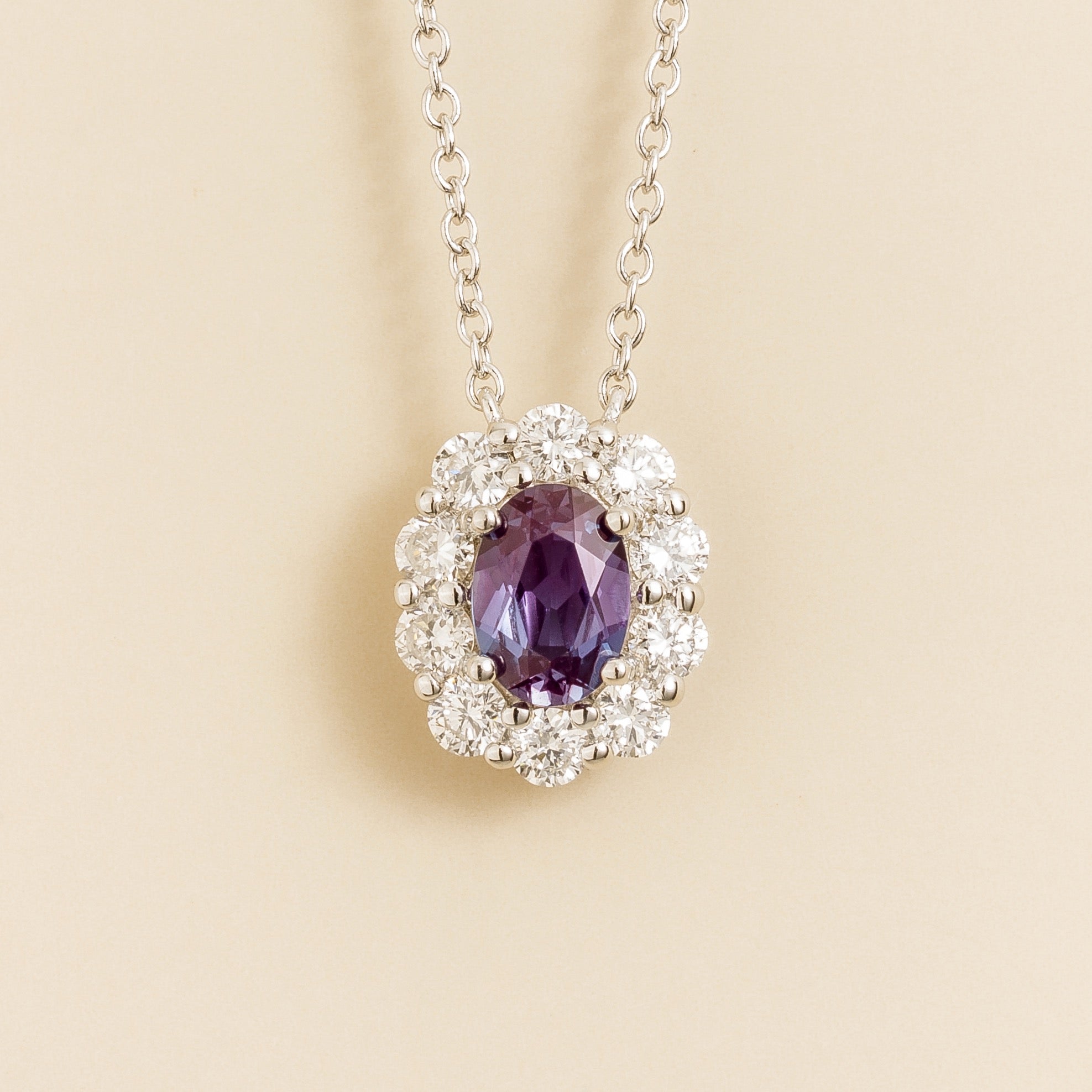 Prill Alexandrite Oval & Diamond Halo Necklace In White Gold