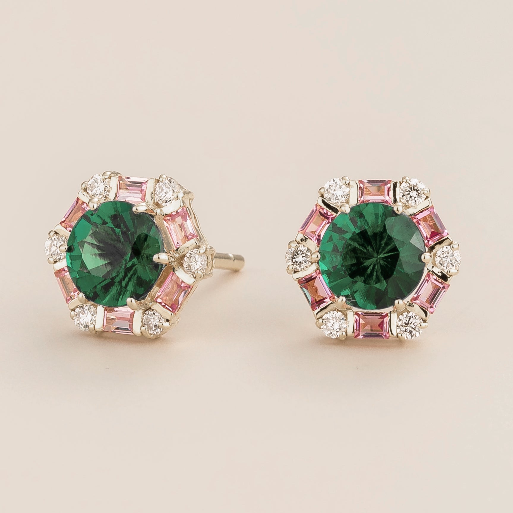 Melba Emerald, Pink Sapphire & Diamond Halo Hexagon Stud Earrings in White Gold