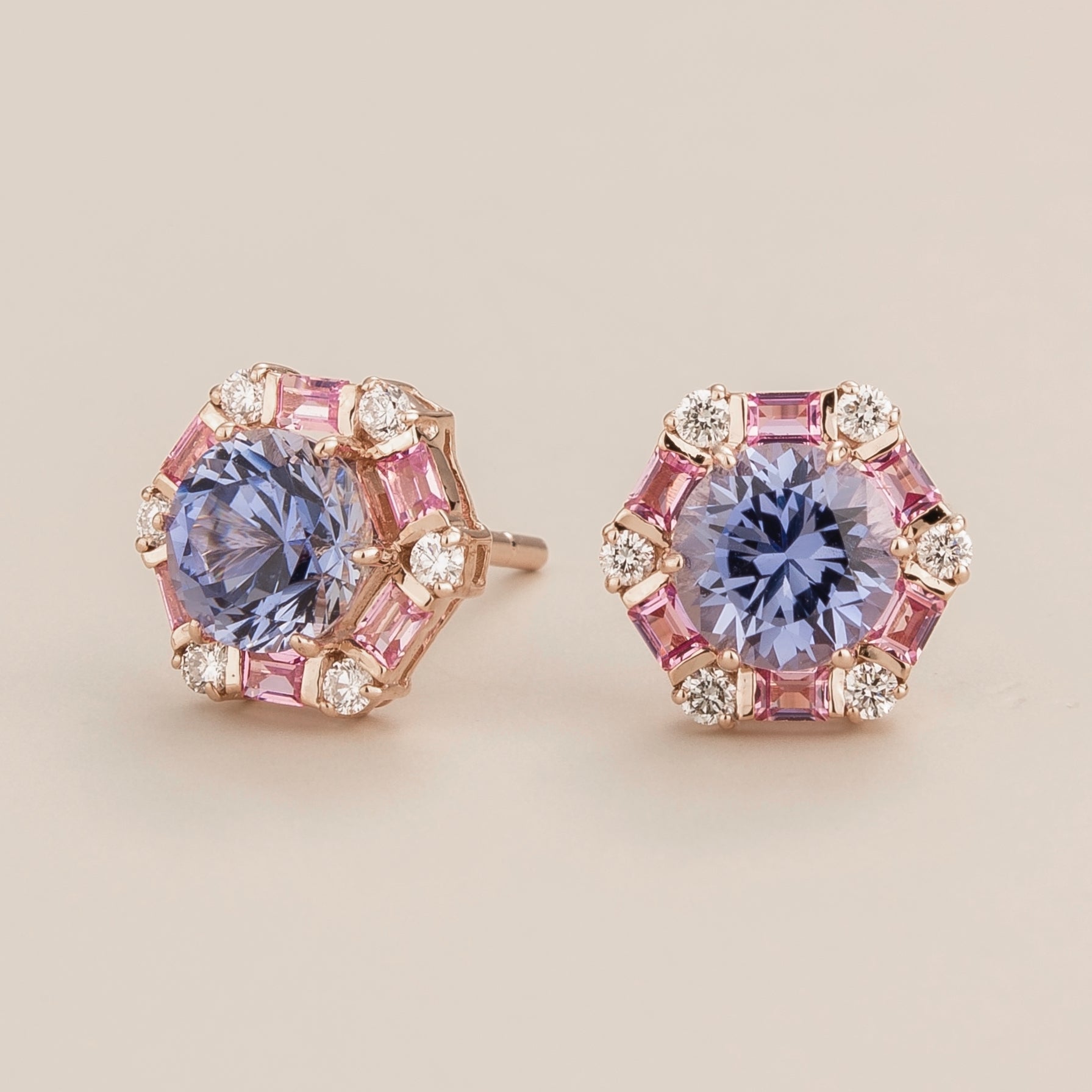 Melba Pastel Blue Sapphire, Pink Sapphire & Diamond Halo Hexagon Stud Earrings in White Gold
