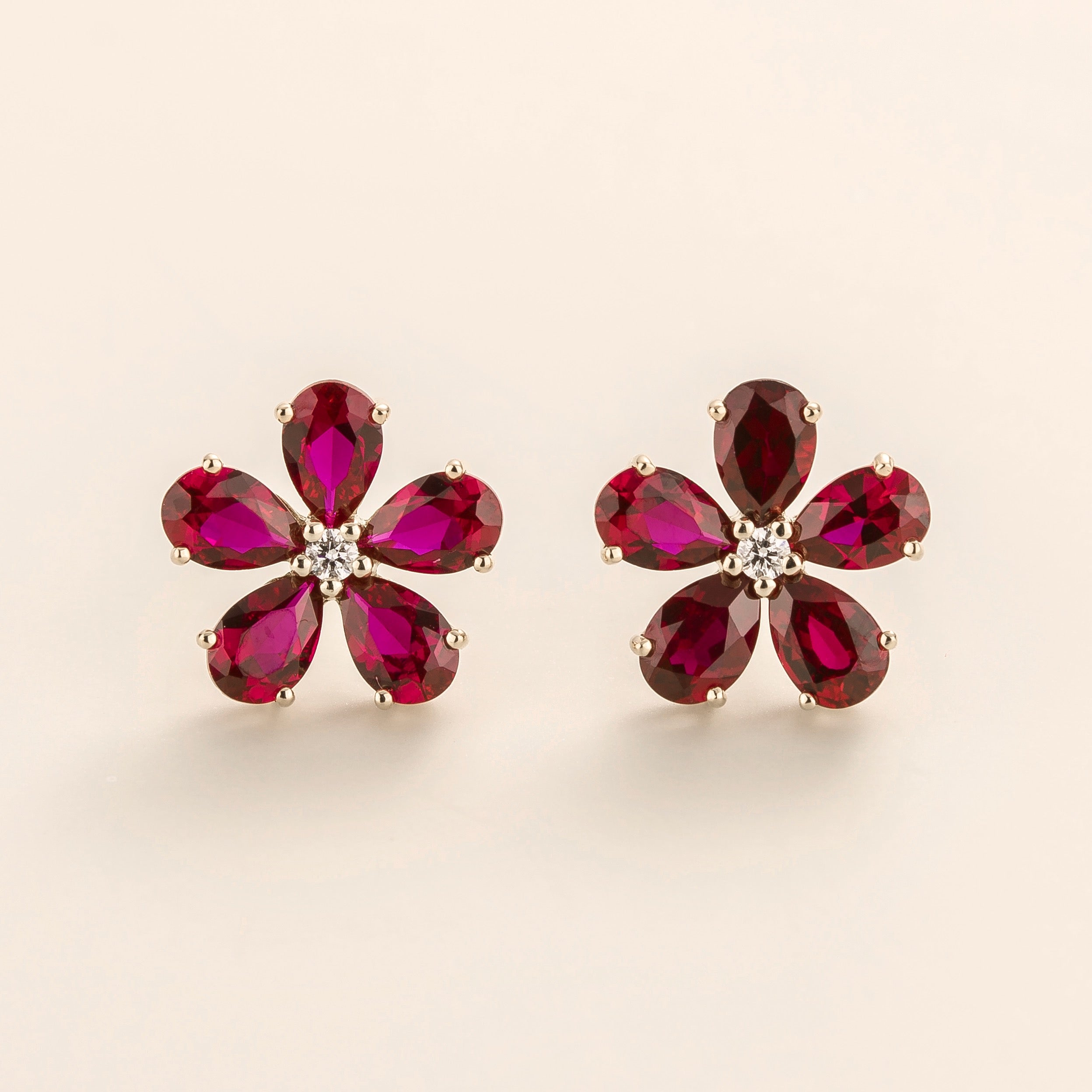 Florea Ruby & Diamond Flower Stud Earrings in White Gold