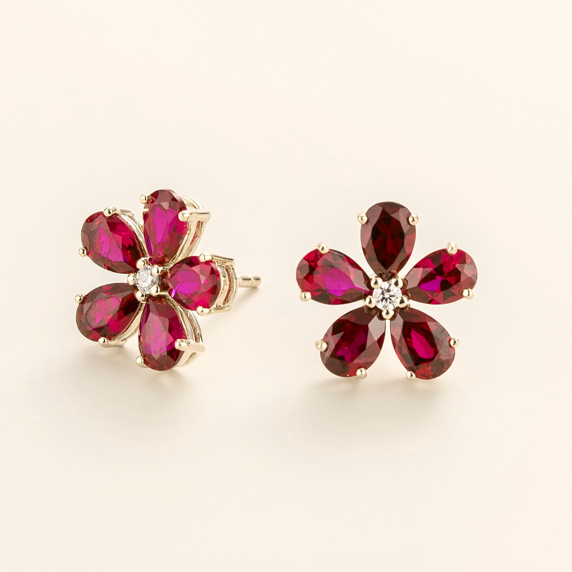 Florea Ruby & Diamond Flower Stud Earrings in White Gold