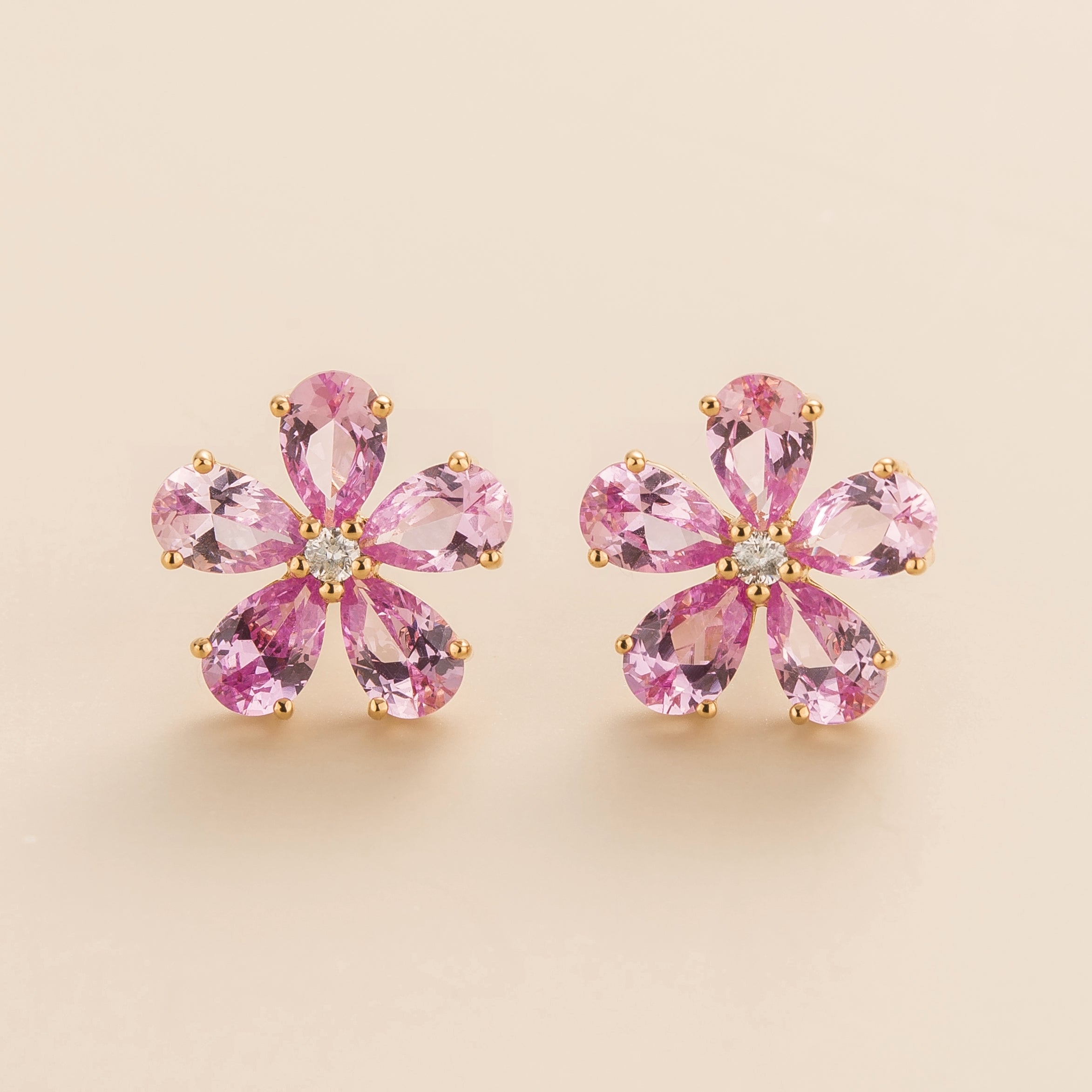 Florea Pink Sapphire & Diamond Flower Stud Earrings in Gold