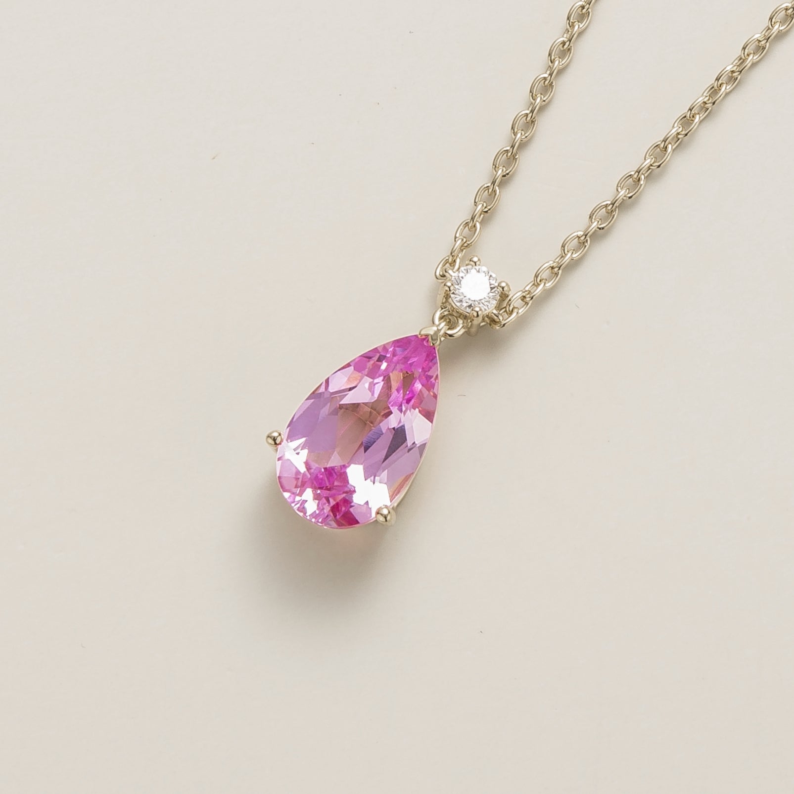 Ori Pink Sapphire & Diamond Pear Drop Pendant Necklace In White Gold - Large