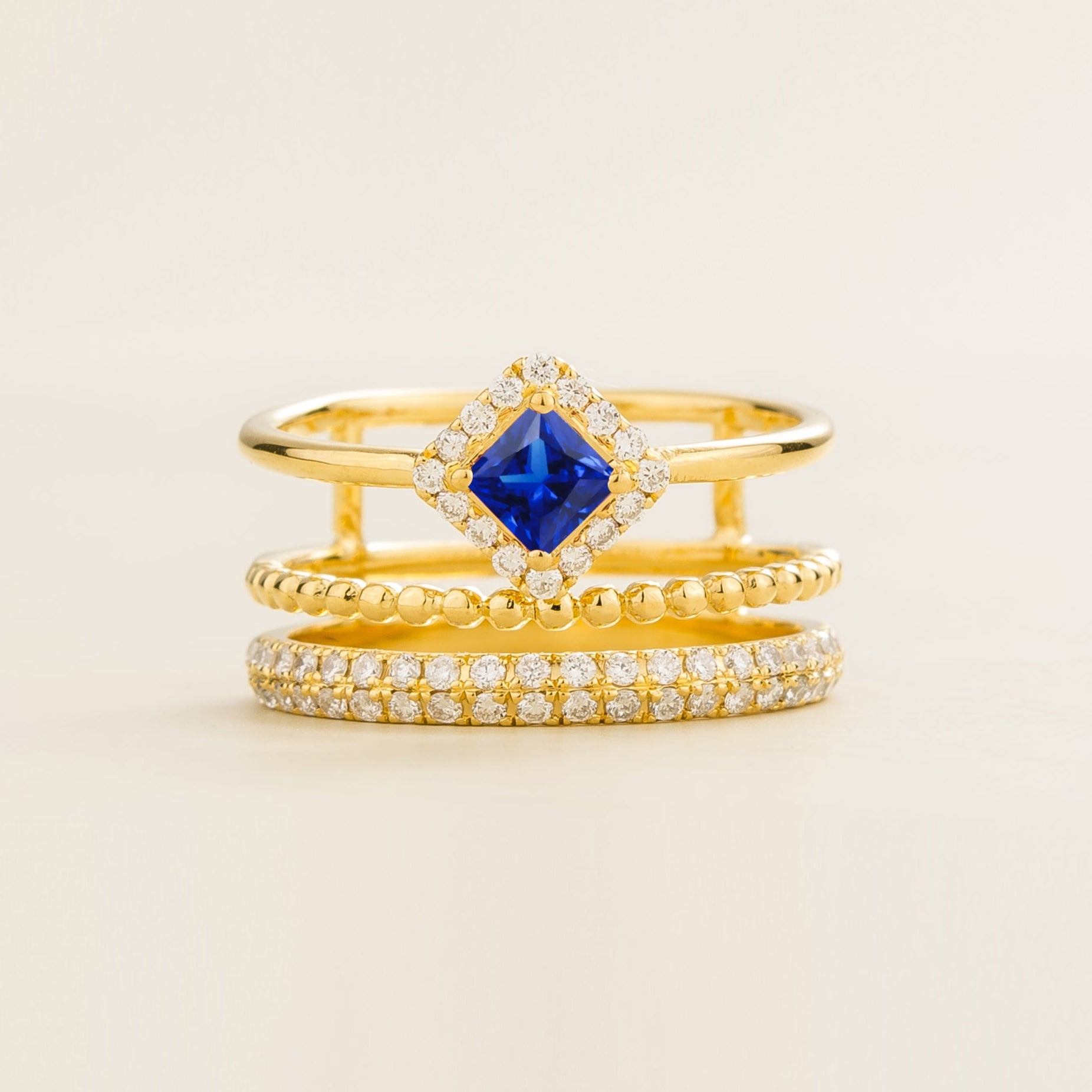 Amici gold triple layer stacking ring in princess cut Blue Sapphire & round pavé Diamonds