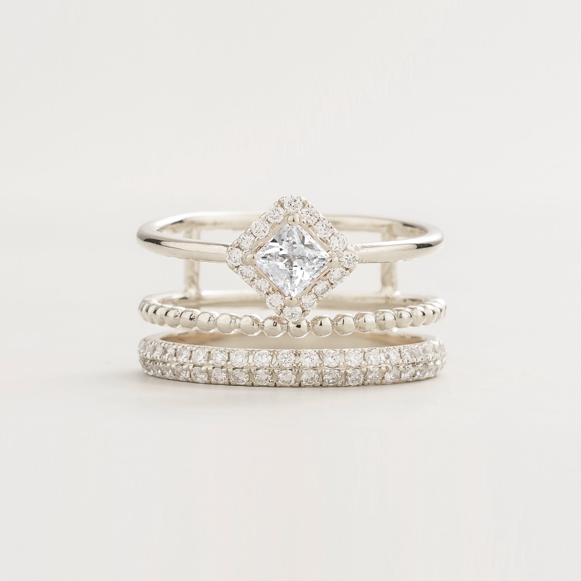 Amici White Gold Stacking Ring In Princess Cut Diamond and Round Diamond Pavé By Juvetti Online Jewellery London