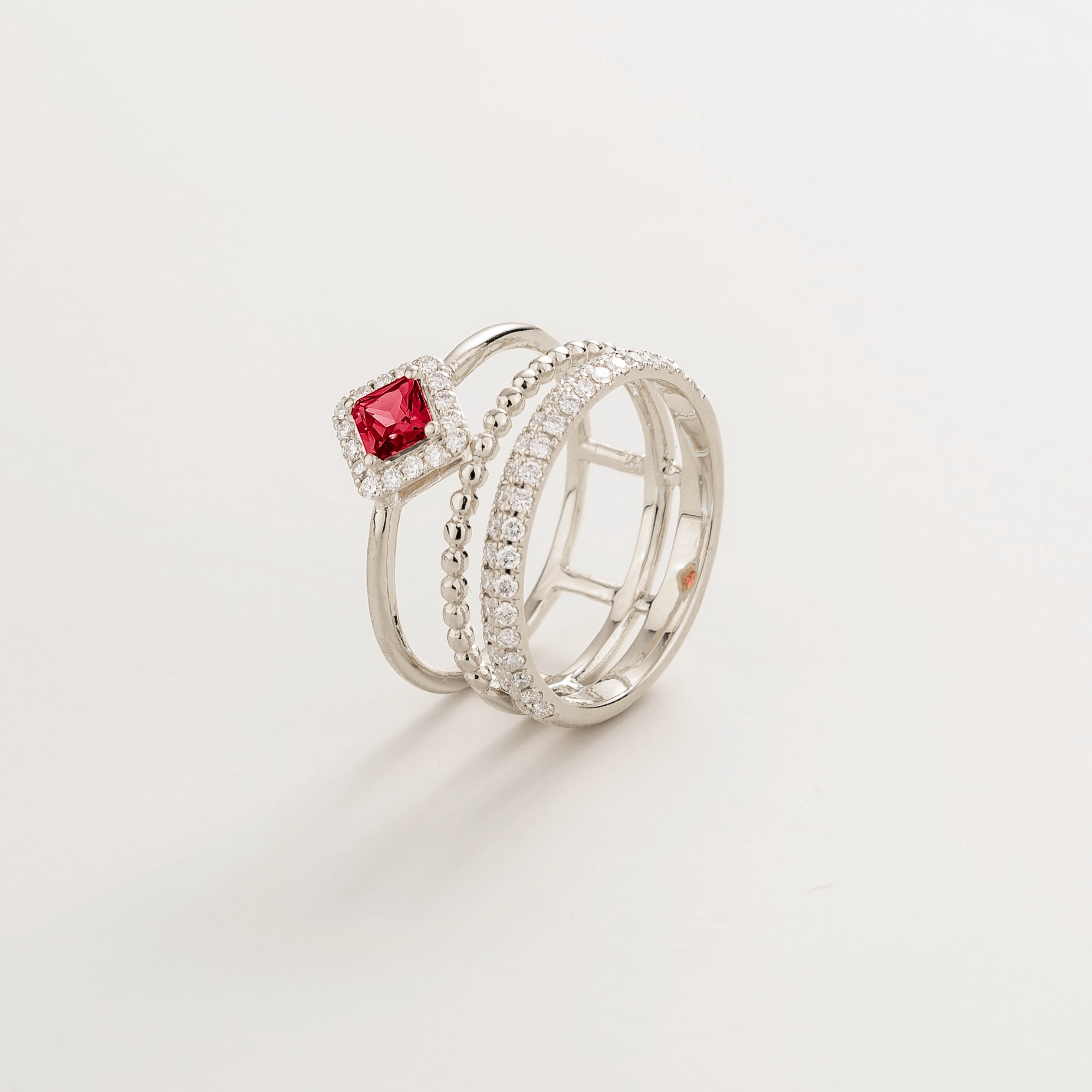 Amici Ruby & Diamond Stacking Ring in White Gold