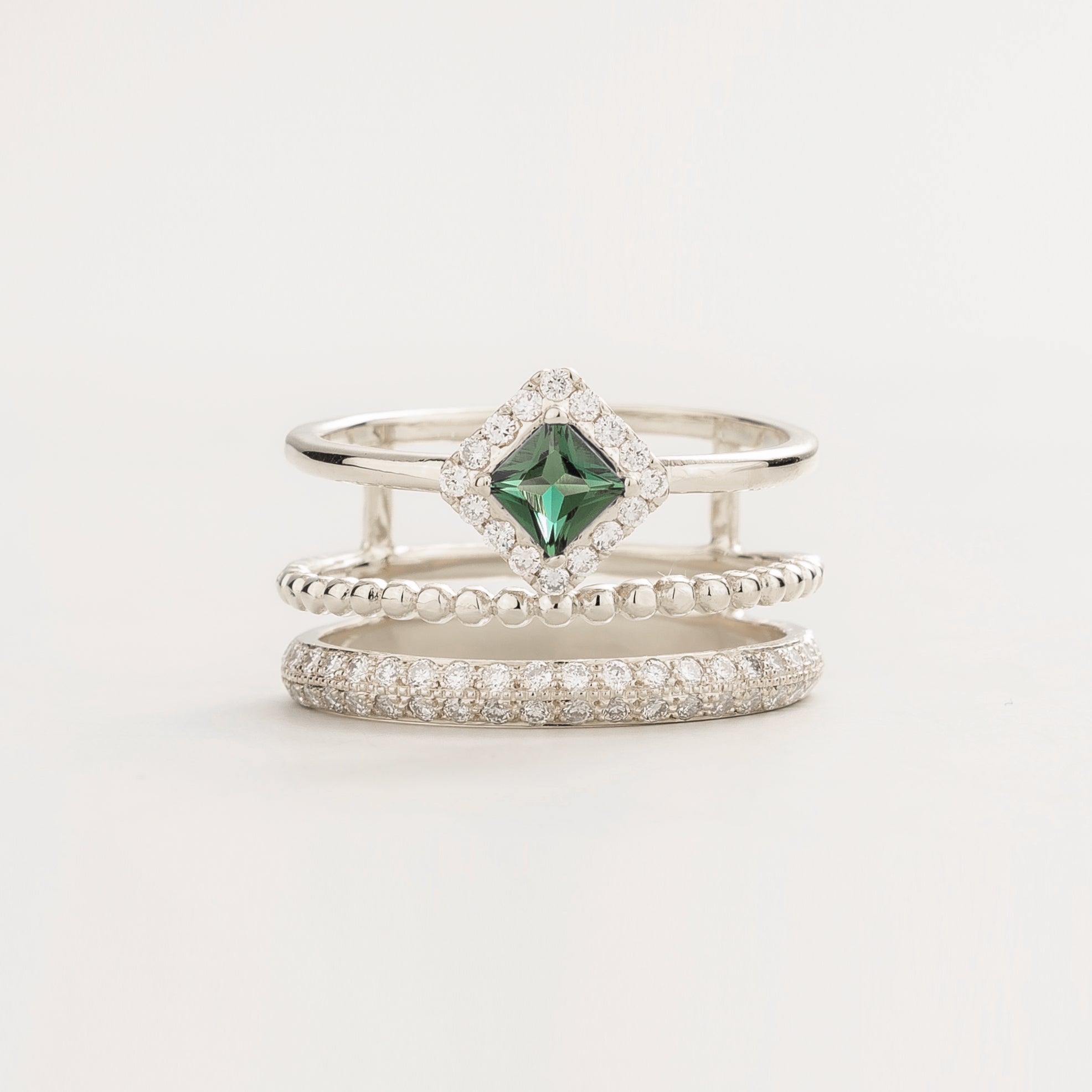 Amici White Gold Stacking Ring In Princess Cut Emerald and Round Diamond Pavé By Juvetti Online Jewellery London