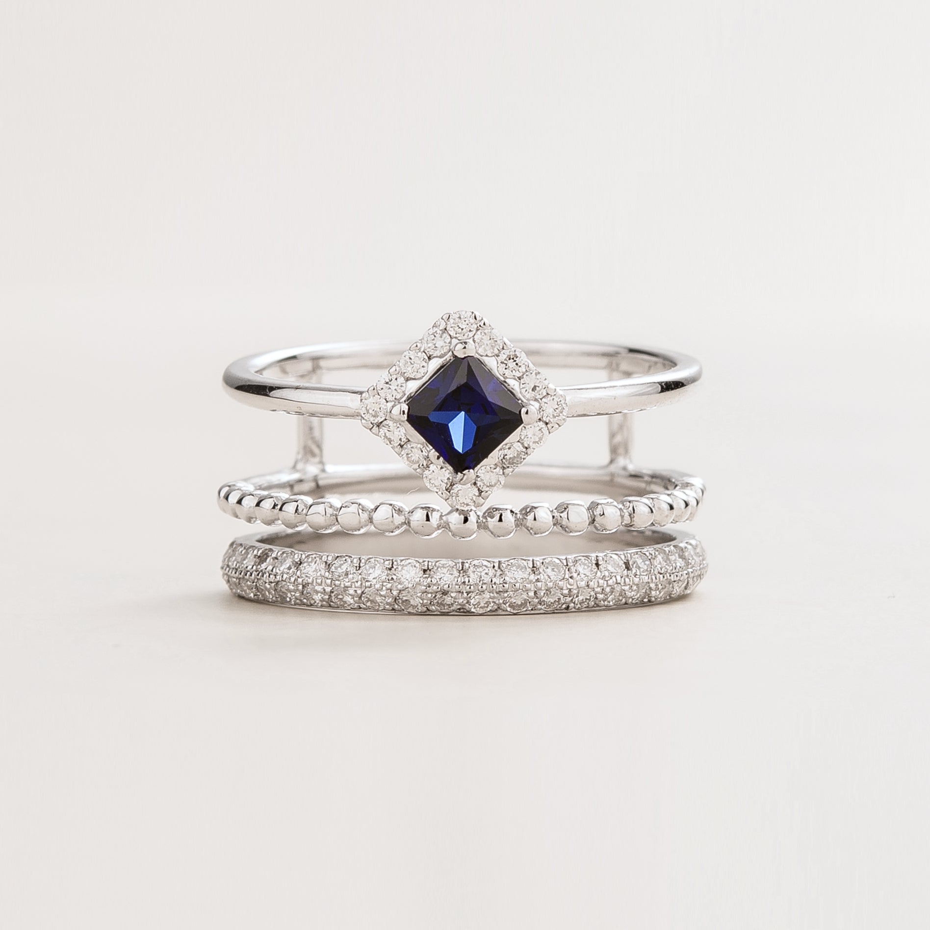 Amici white old triple layer stacking ring in princess cut Blue Sapphire & round pavé Diamonds