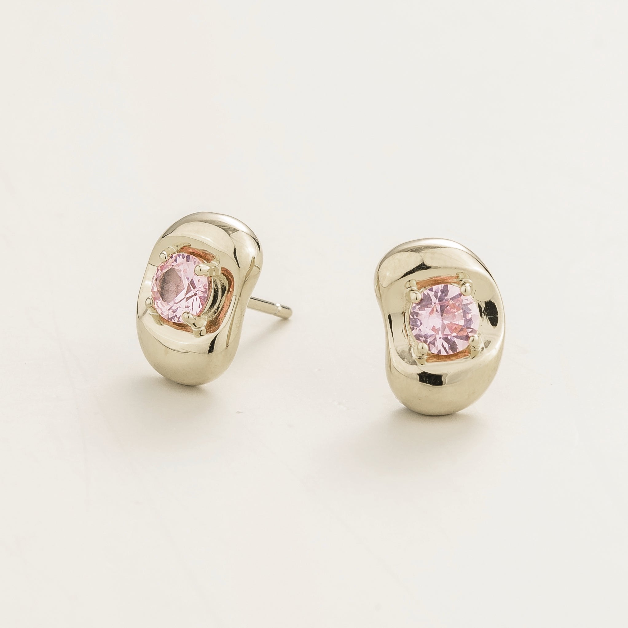Fava Round Pink Sapphire Oval Stud Earrings in White Gold