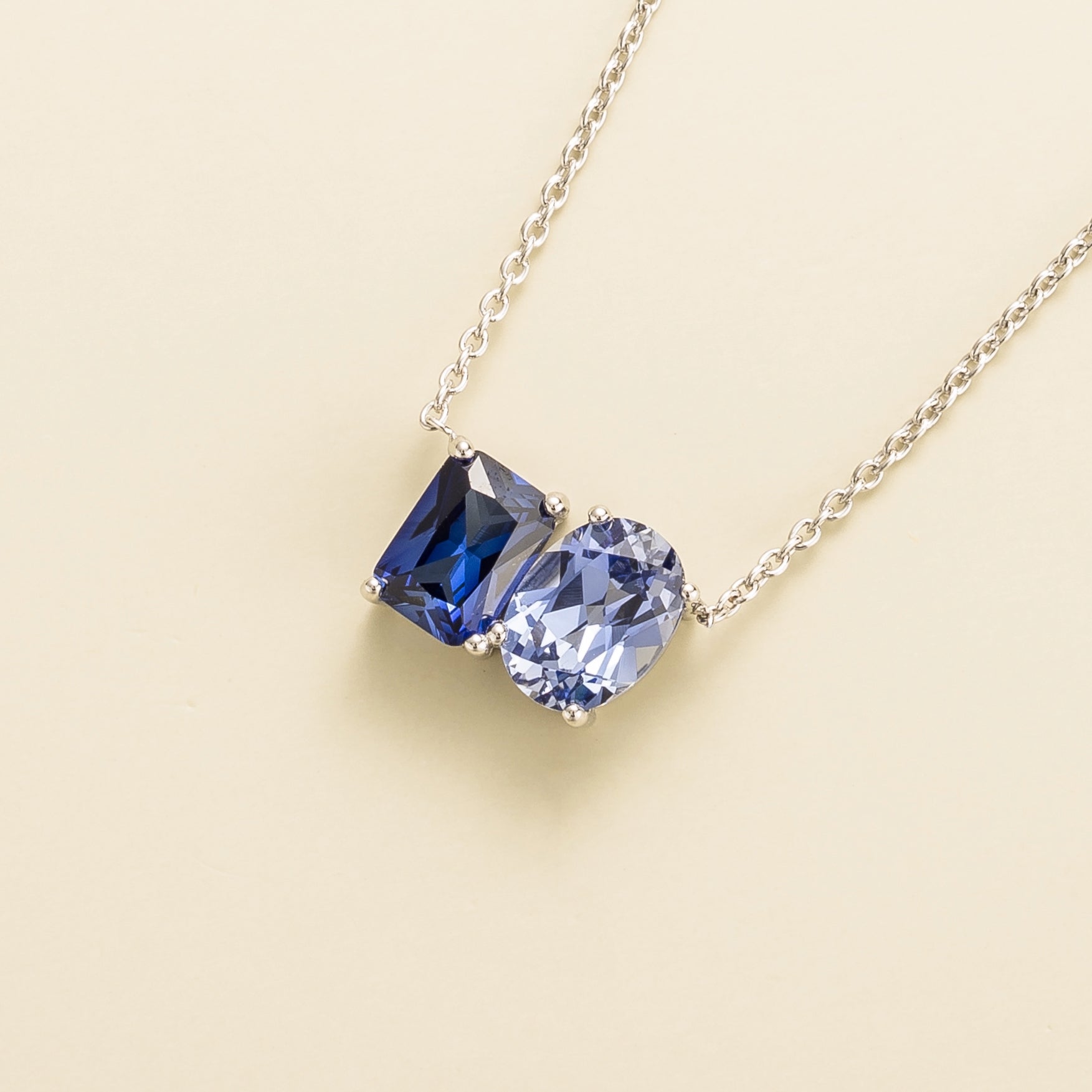 Buchon Blue Sapphire Two-Stone Emerald-Cut & Oval Pendant White Gold Necklace