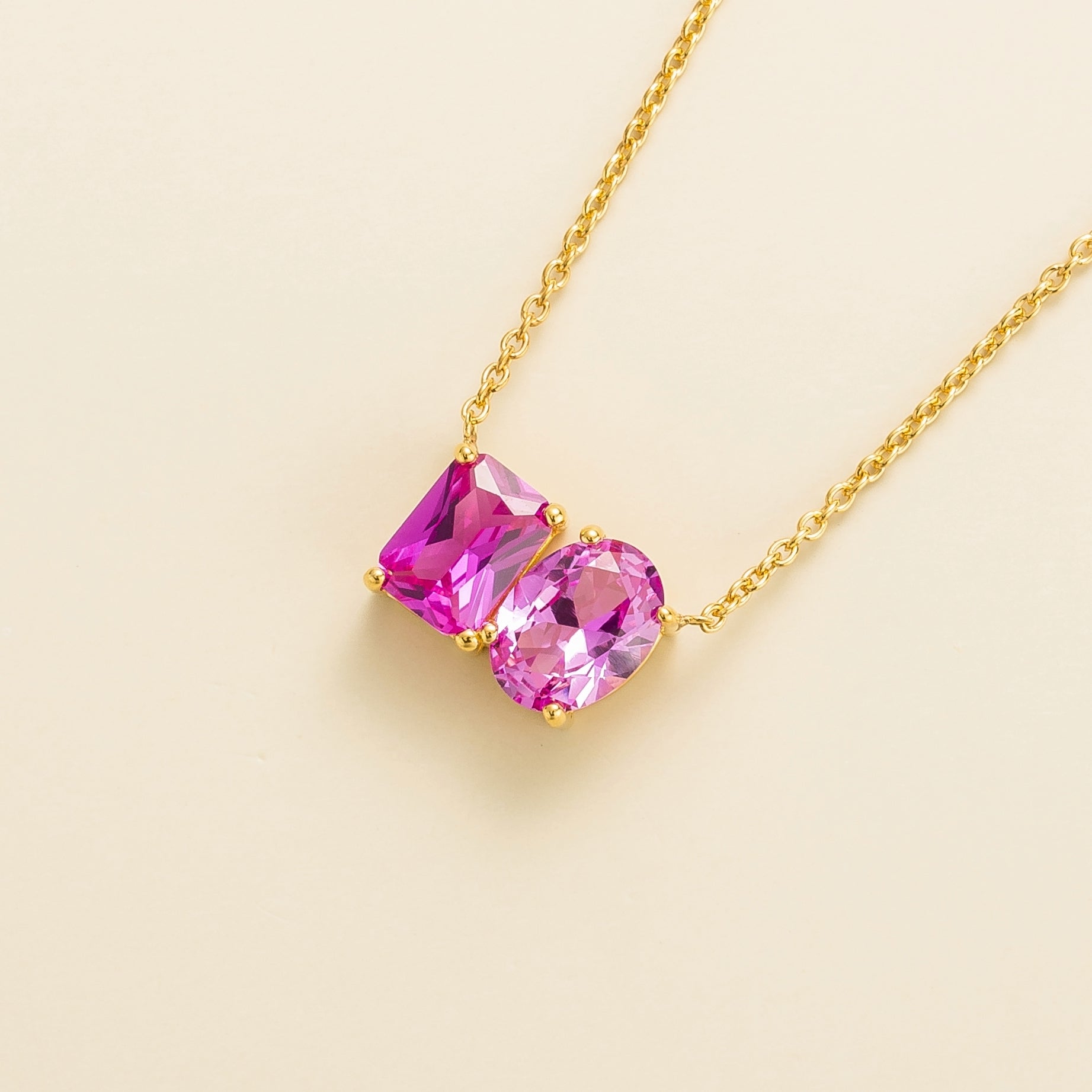 Buchon Pink Sapphire Two-Stone Emerald-Cut & Oval Pendant Gold Necklace