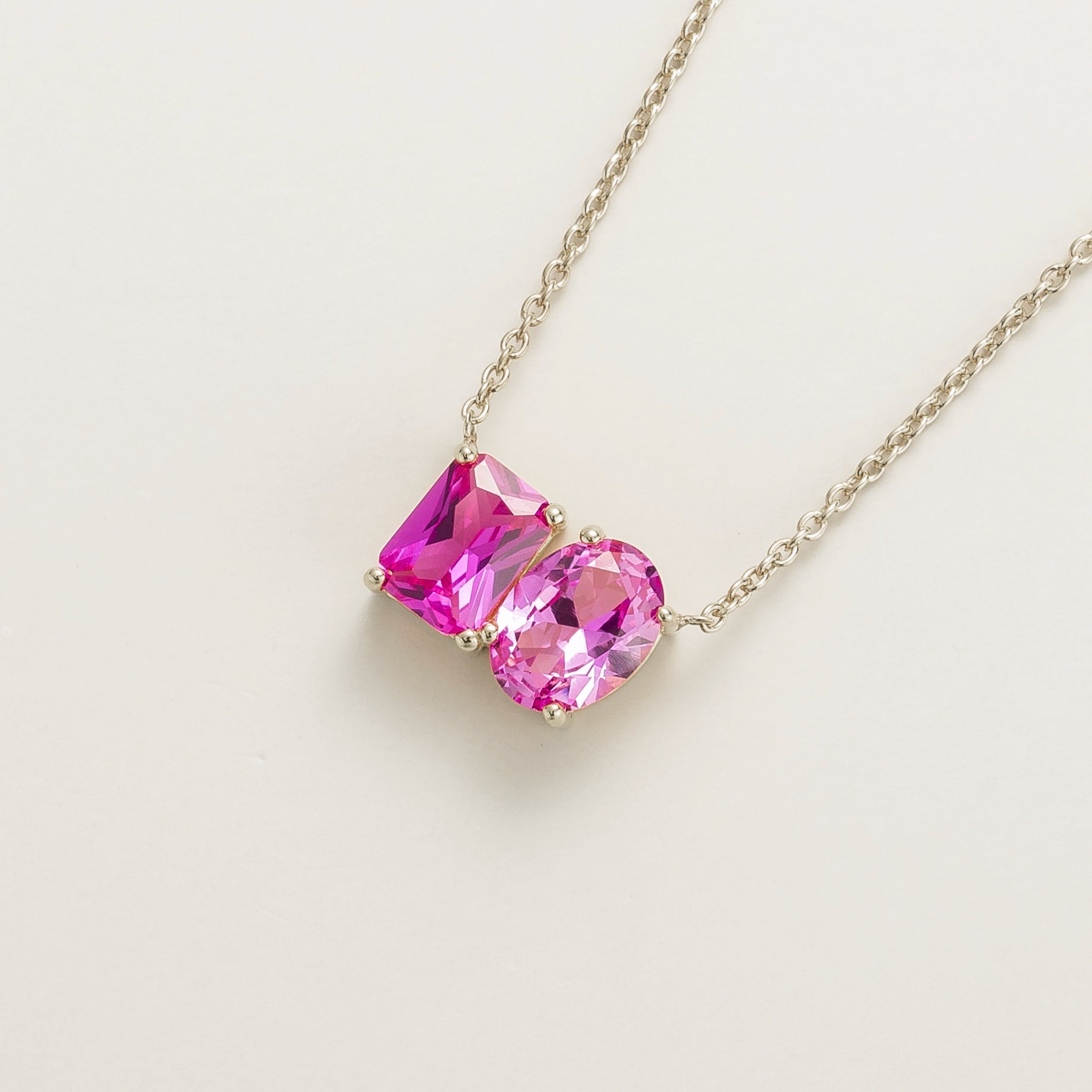 Buchon Pink Sapphire Two-Stone Emerald-Cut & Oval Pendant White Gold Necklace