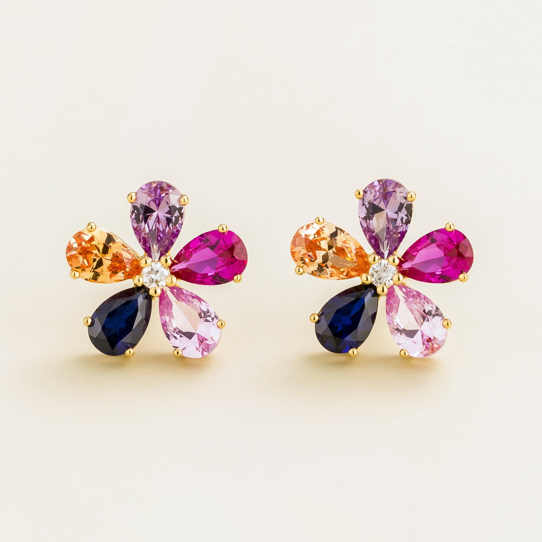 Florea Blue Sapphire, Purple sapphire, Pink Sapphire, Champagne Sapphire & Diamond Flower Stud Earrings In Gold