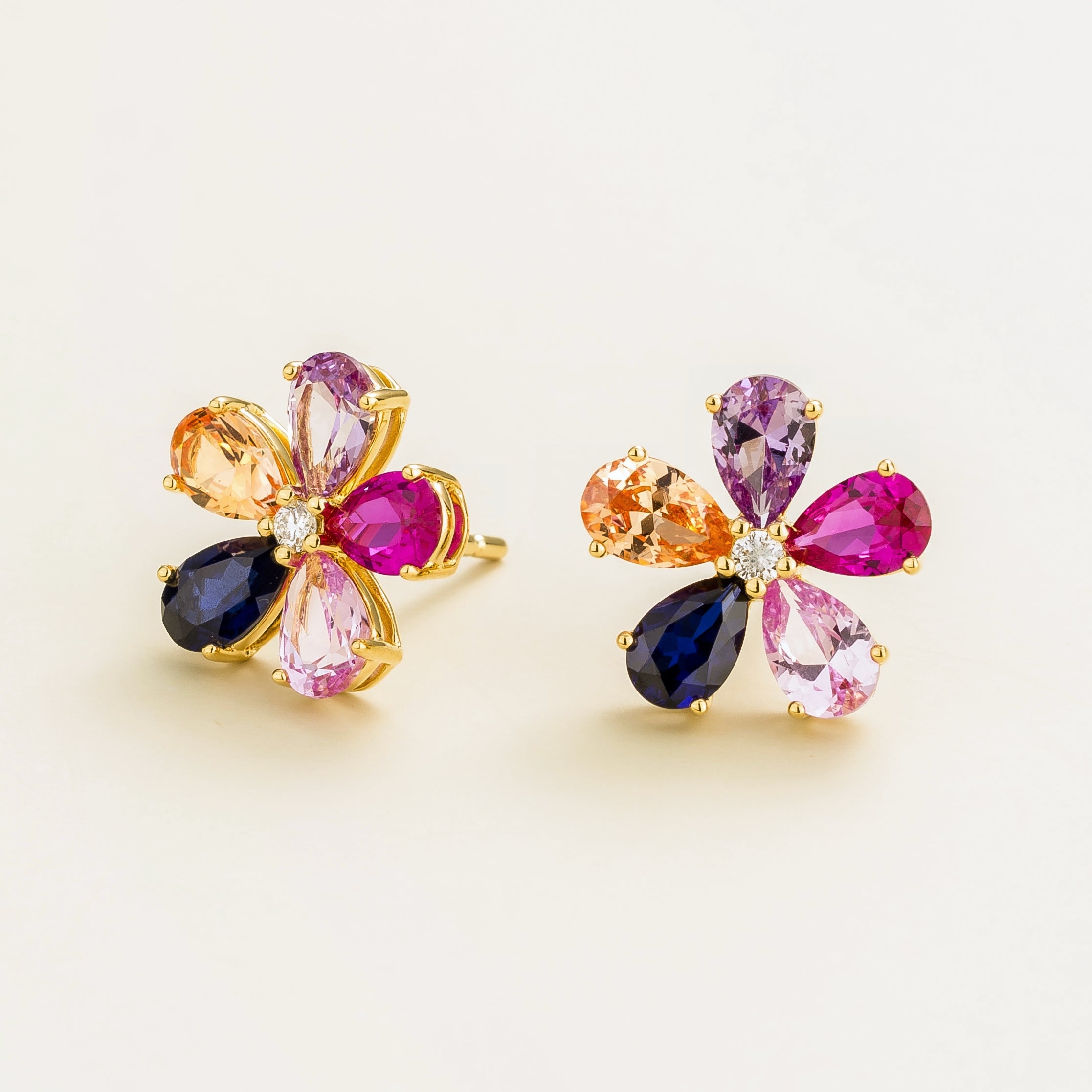 Florea Blue Sapphire, Purple sapphire, Pink Sapphire, Champagne Sapphire & Diamond Flower Stud Earrings In Gold