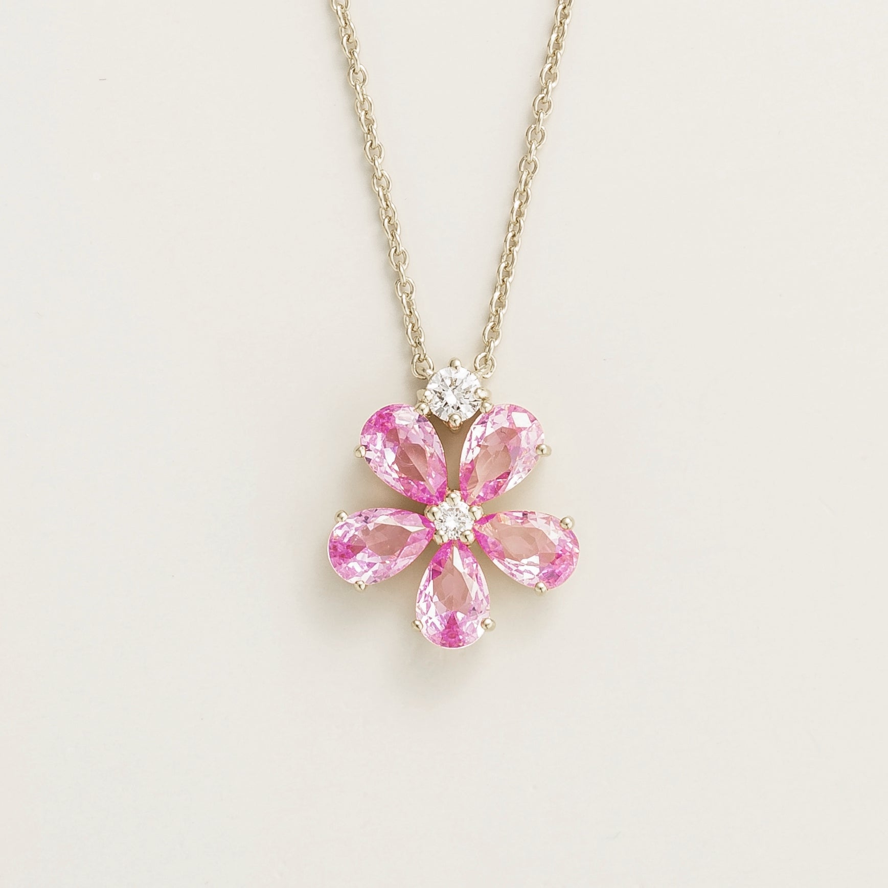 Florea Pastel Pink Sapphire & Diamond Flower Pendant Necklace in White Gold