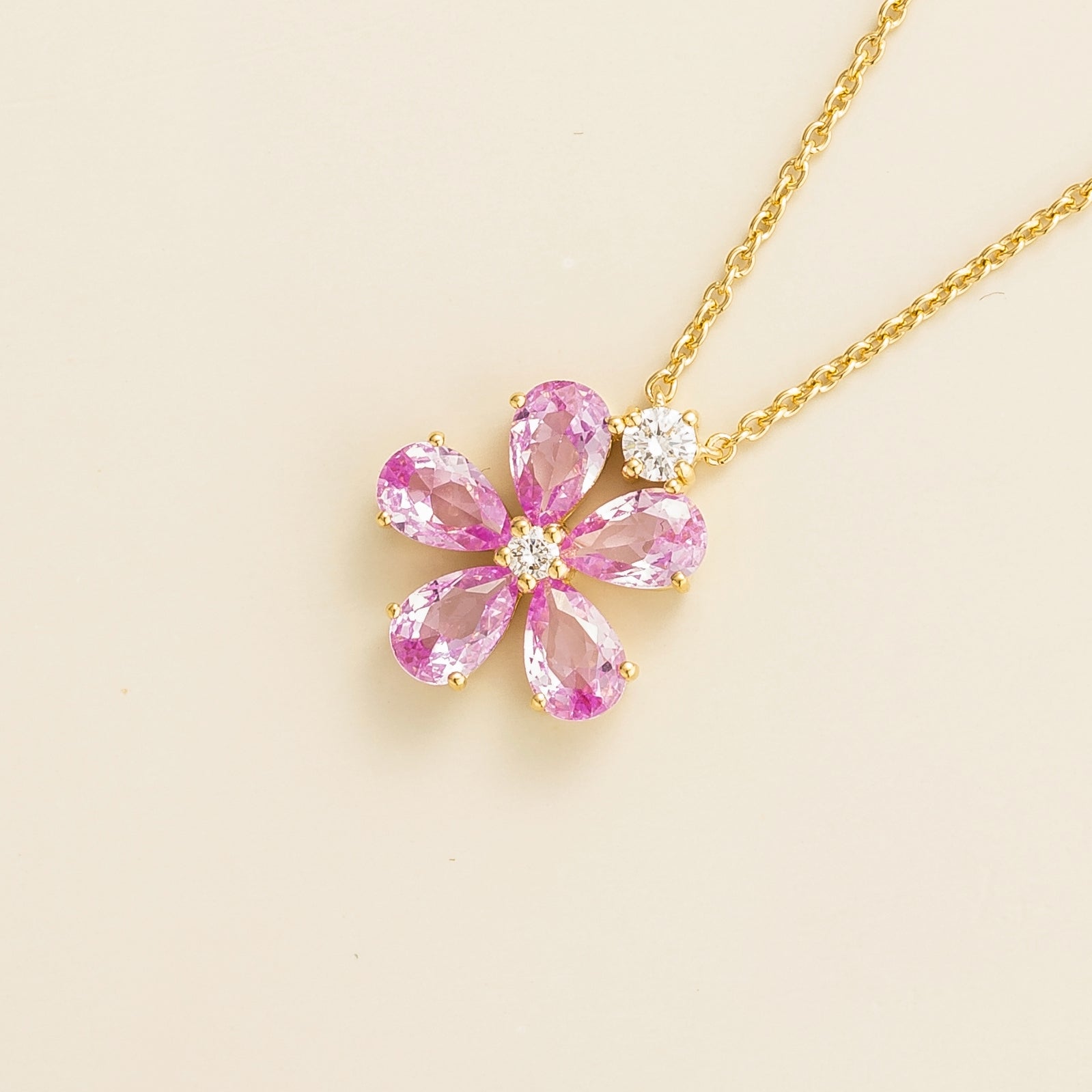 Florea Pastel Pink Sapphire & Diamond Flower Pendant Necklace in Gold