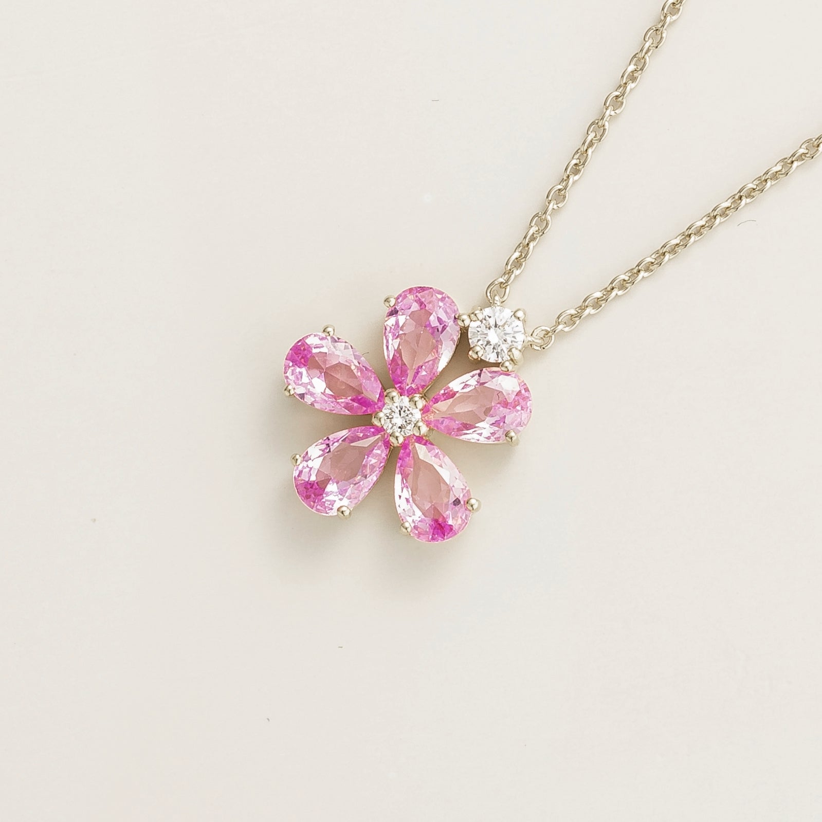 Florea Pastel Pink Sapphire & Diamond Flower Pendant Necklace in White Gold