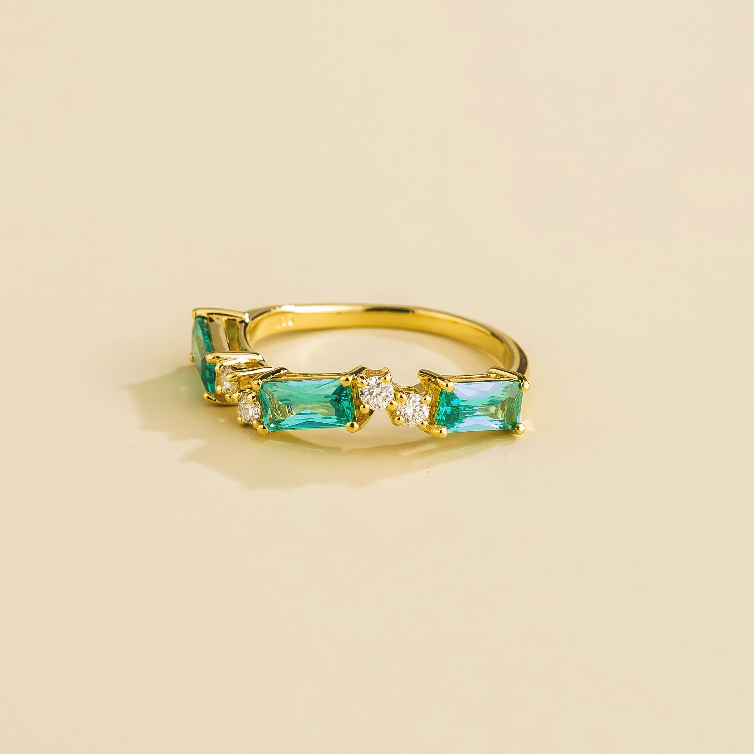 Forma Paraiba & Diamond Baguette Cut Three-Stone Gold Ring
