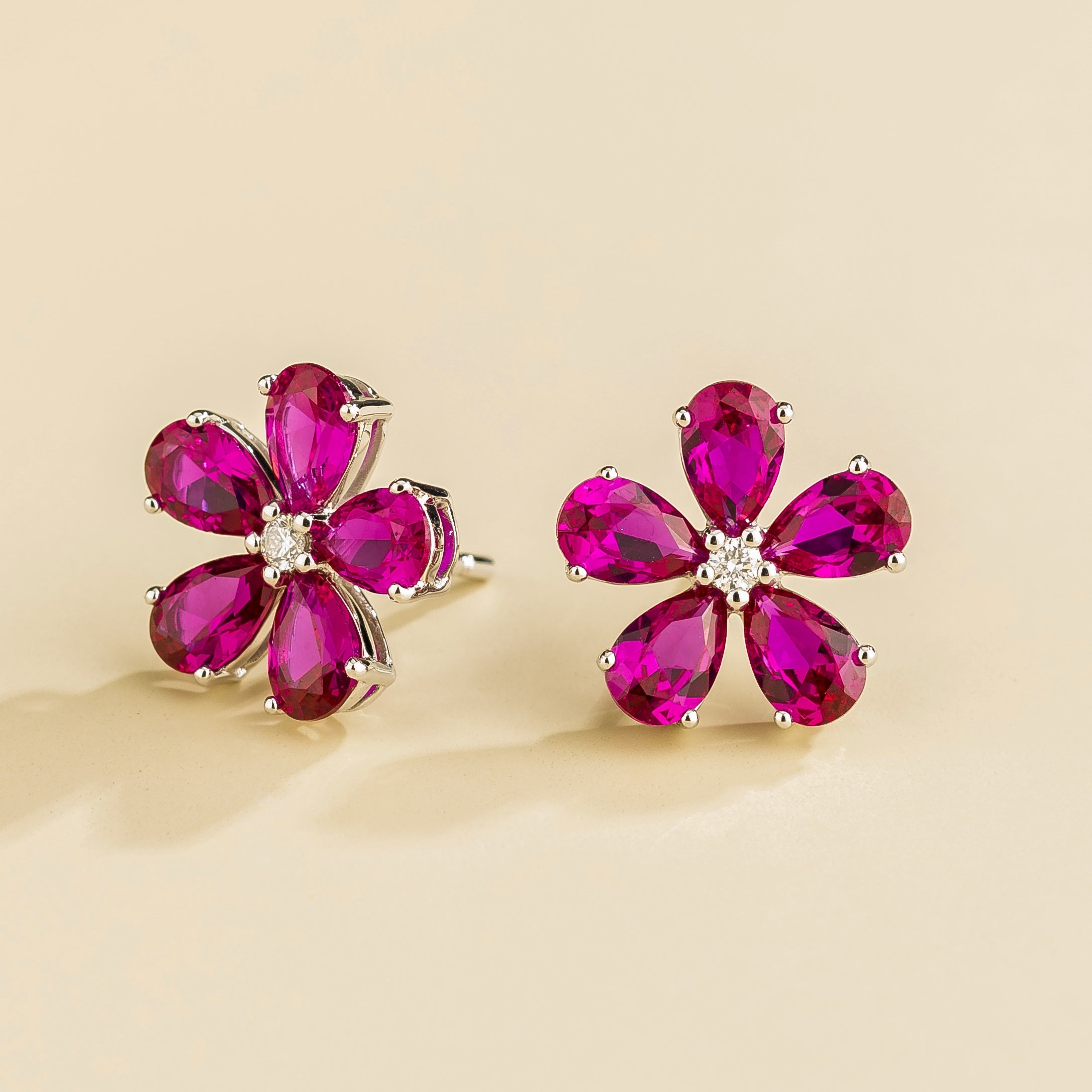 Florea Vivid Pink Sapphire & Diamond Flower Stud Earrings in White Gold